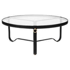 Large Jacques Adnet 'Circulaire' Glass and Black Leather Coffee Table for GUBI