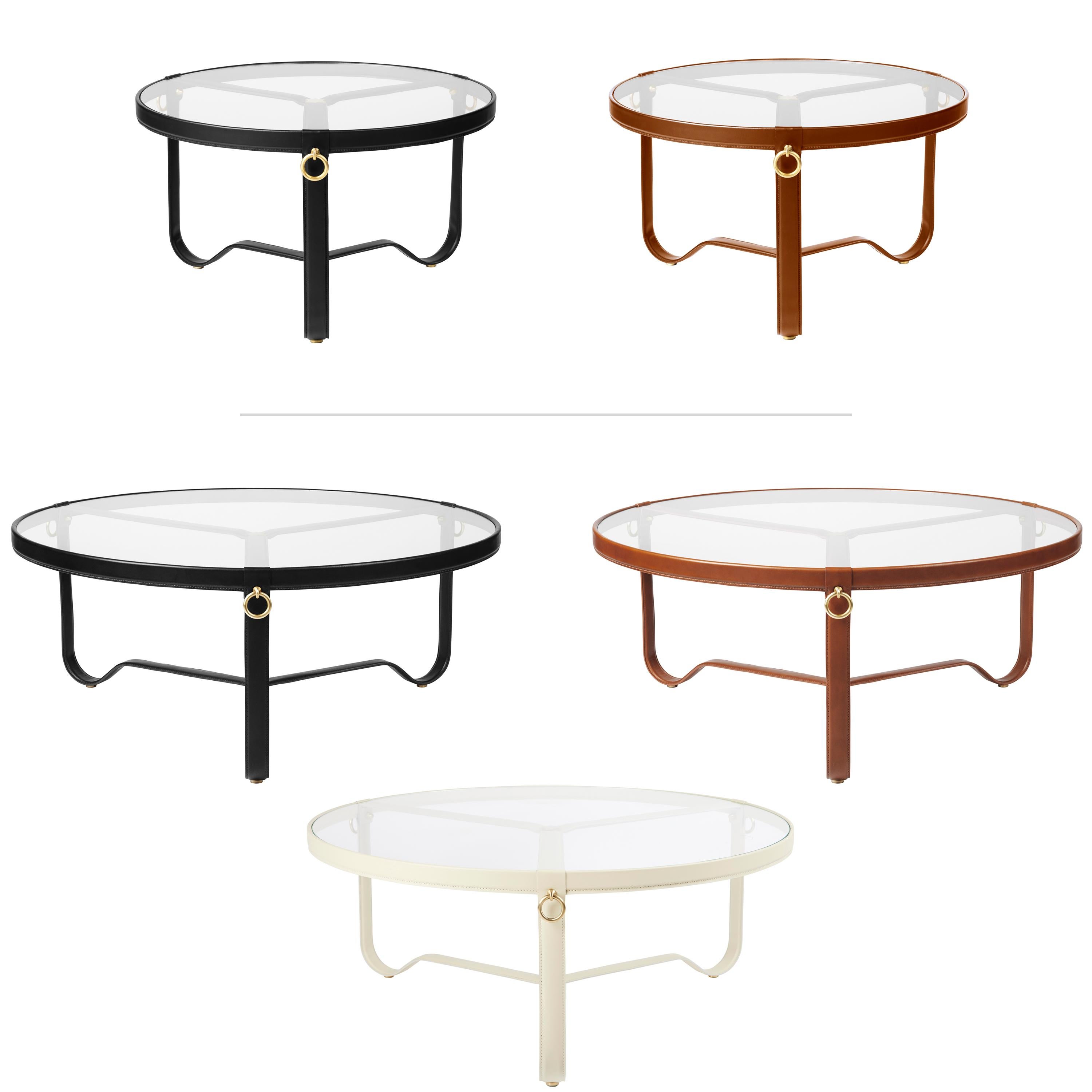 Contemporary Large Jacques Adnet 'Circulaire' Glass and Brown Leather Coffee Table for GUBI For Sale