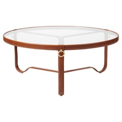 Large Jacques Adnet 'Circulaire' Glass and Brown Leather Coffee Table for GUBI