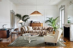 Grande tavolino in vetro e pelle color crema di Jacques Adnet "Circulaire" per Gubi