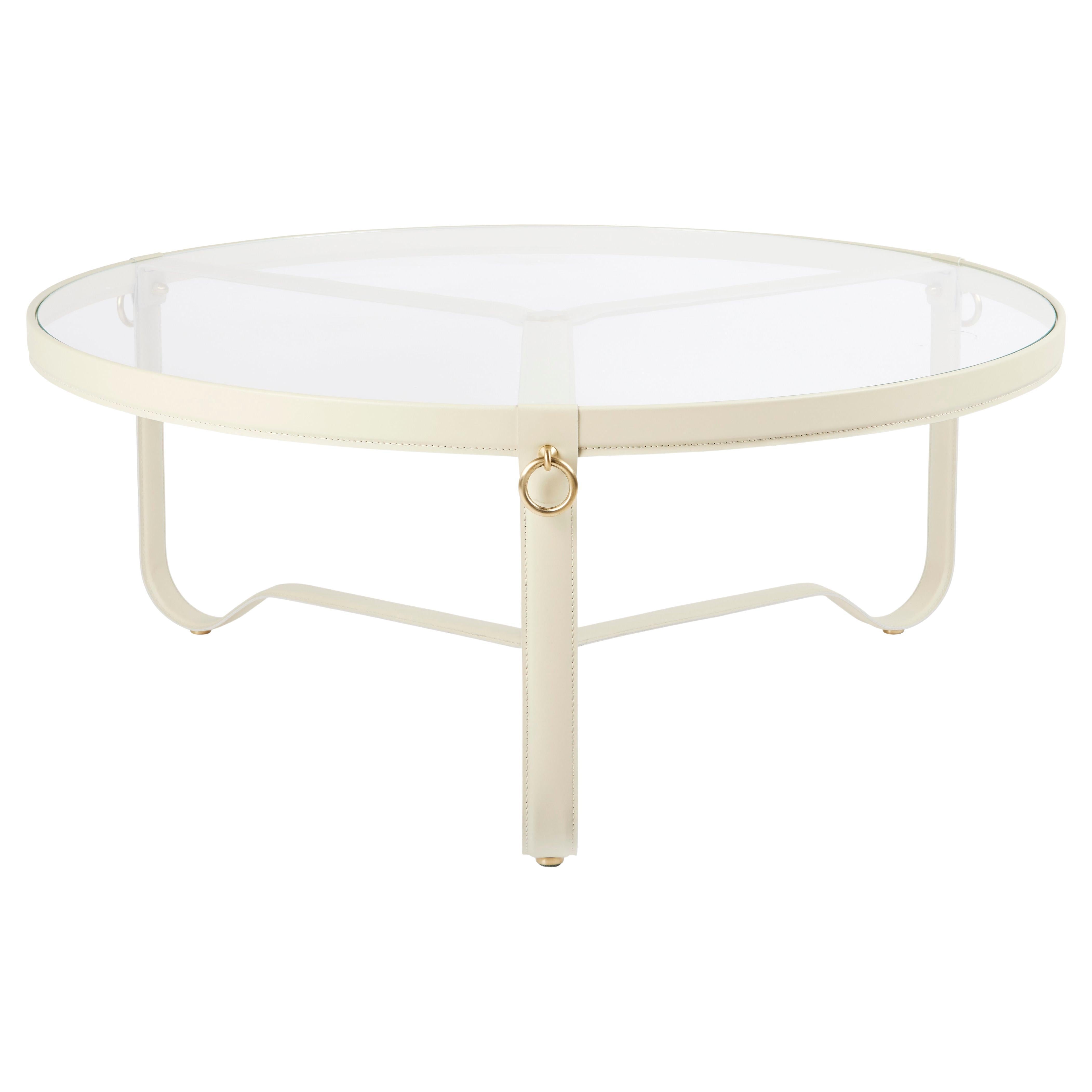 Large Jacques Adnet 'Circulaire' Glass and Cream Leather Coffee Table for GUBI For Sale