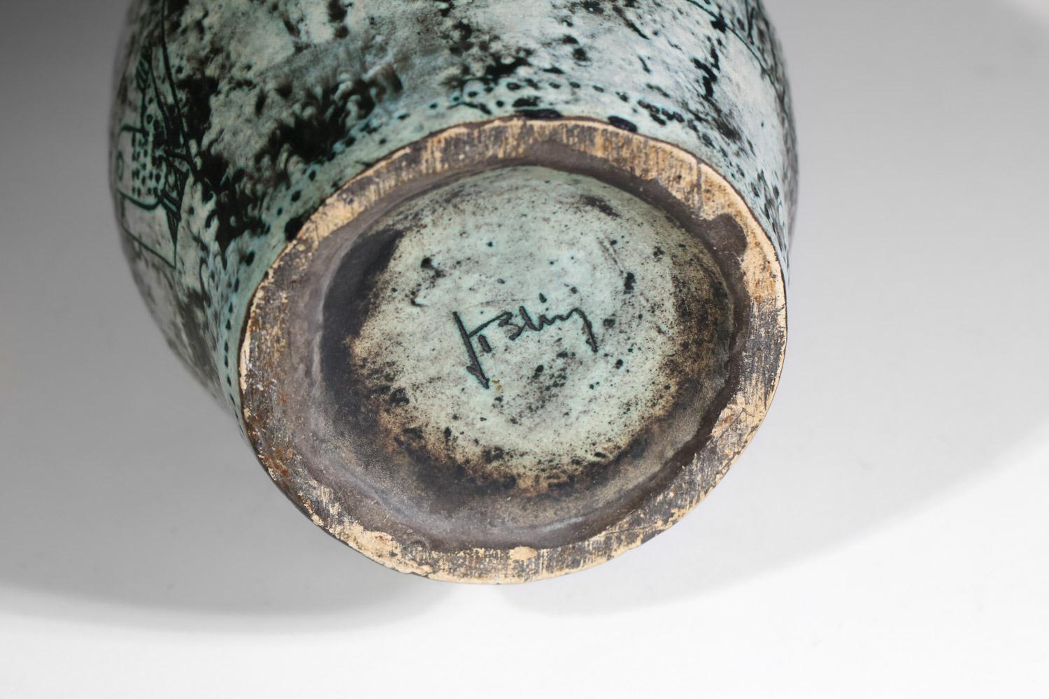 gran jarrón Jacques Blin de cerámica francesa verde con diseños de animales años 50 en venta 4