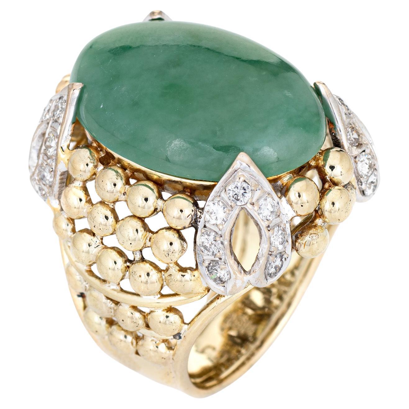 Large Jade Diamond Ring Vintage 60s Cocktail Jewelry 18k Yellow Gold For Sale