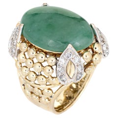 Large Jade Diamond Ring Retro 60s Cocktail Jewelry 18k Yellow Gold