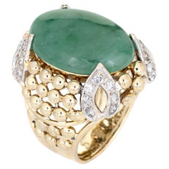 Grande bague de cocktail en or jaune 18 carats avec diamants et jade, annes 60