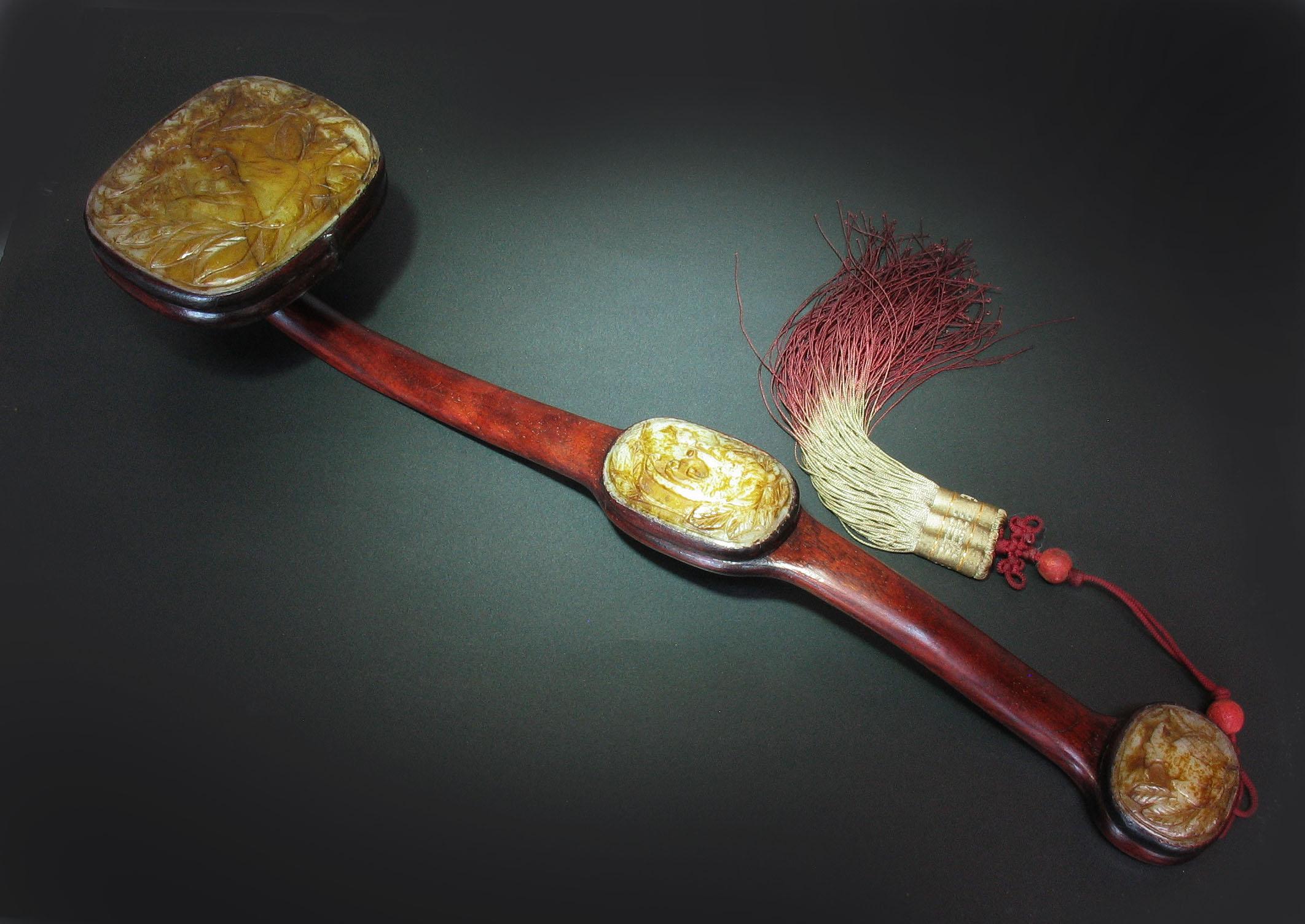 Large Jade-Inset Wood Ruyi Scepter, 20th Century For Sale 1