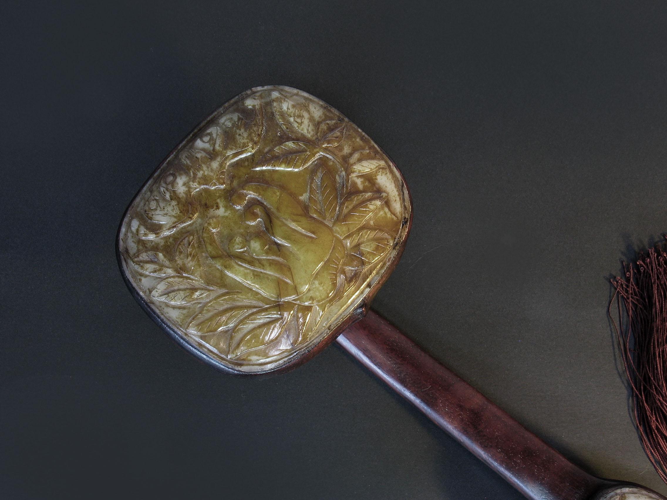 Chinese Export Large Jade-Inset Wood Ruyi Scepter, 20th Century For Sale