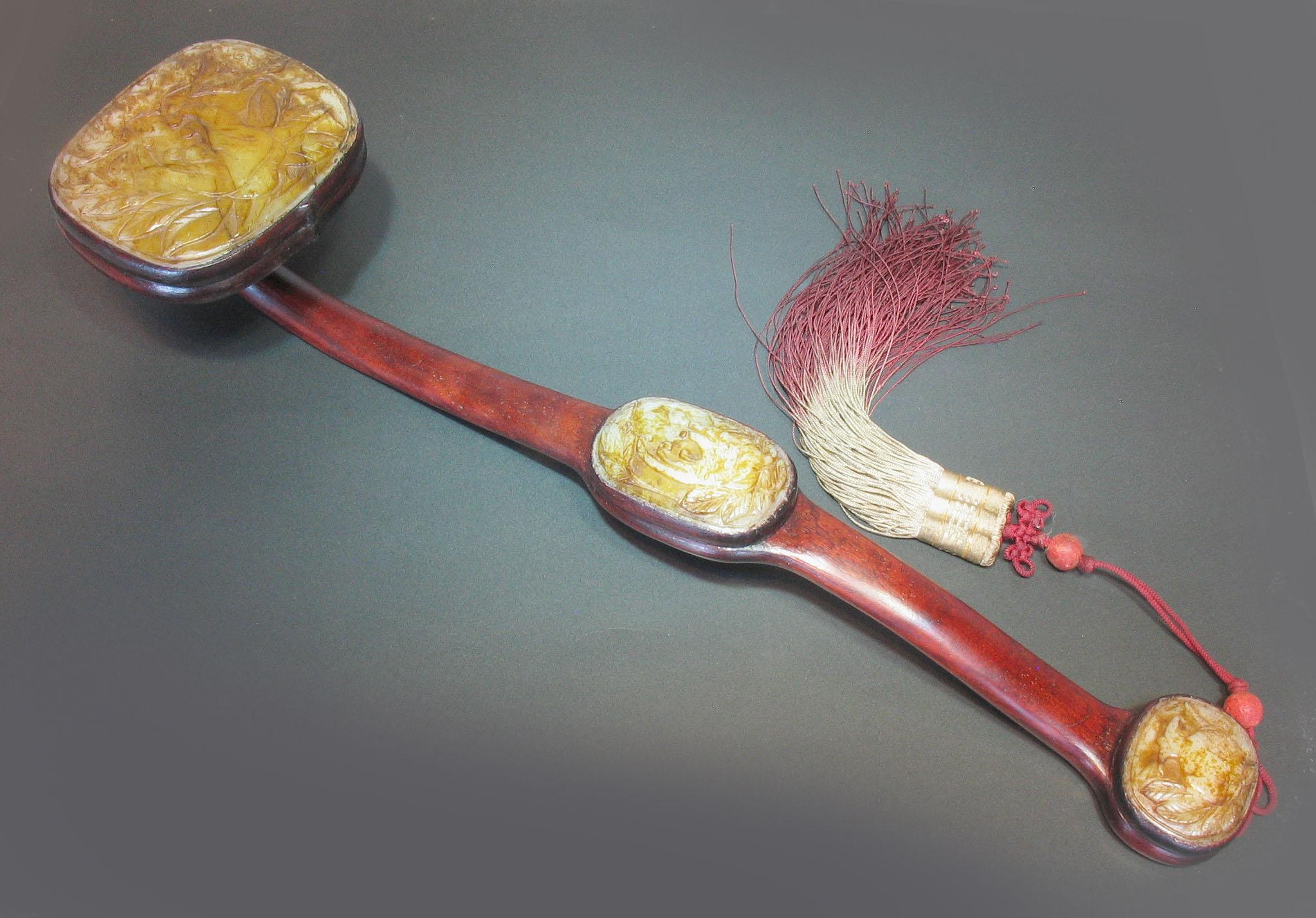 Carved Large Jade-Inset Wood Ruyi Scepter, 20th Century For Sale