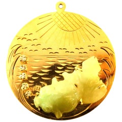 Vintage Large Jade Koi Fish Diamond Bubbles Waves and Sunshine Gold Charm Pendant
