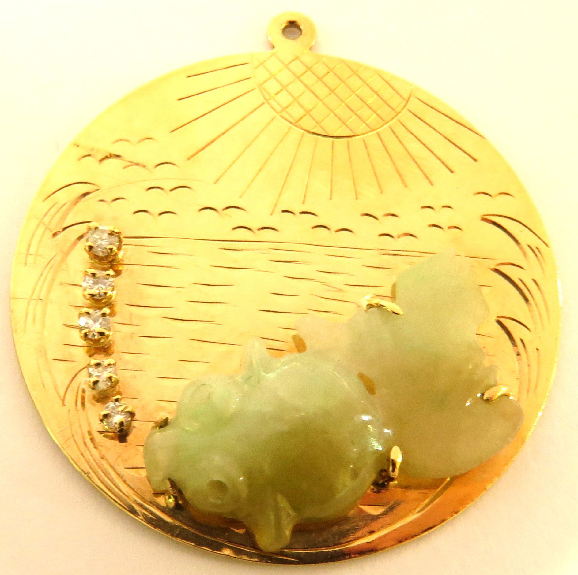 Large Jade Koi Fish Diamond Bubbles Waves and Sunshine Gold Charm Pendant In Good Condition For Sale In Palm Beach, FL