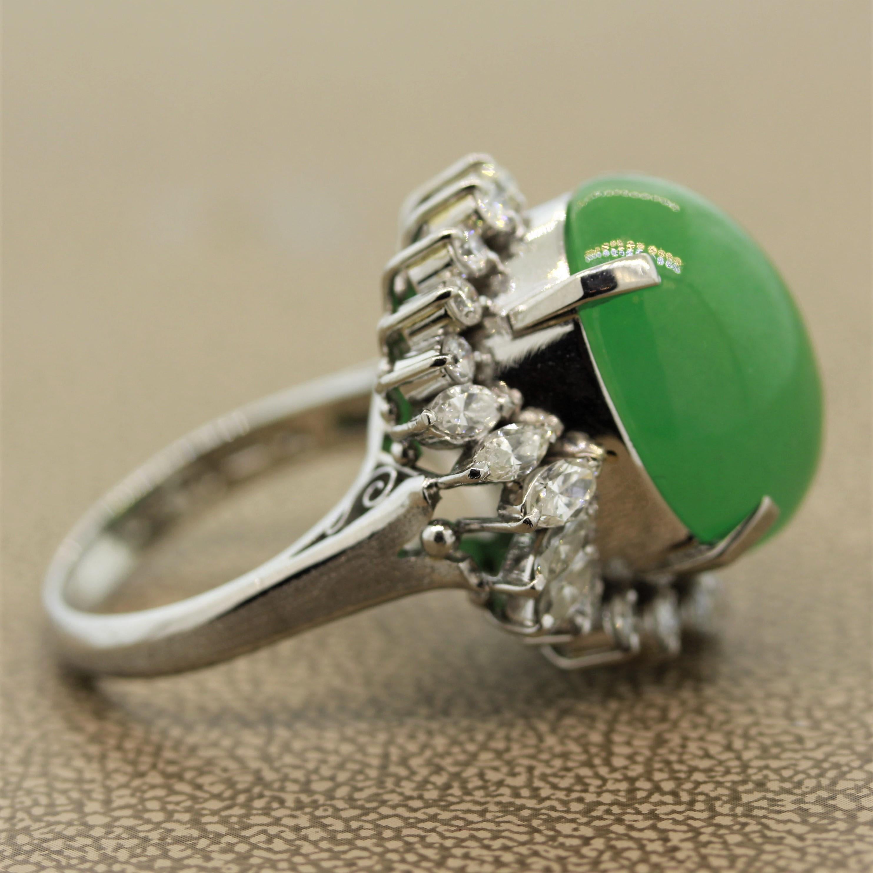 Large Jadeite Jade Diamond Platinum Cocktail Ring In New Condition For Sale In Beverly Hills, CA