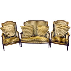 Antique Large Jansen Style Louis XVI Living Room Suite Couch and Two Lounge Chairs
