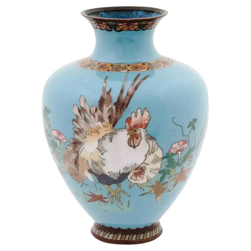 Ancien vase coq japonais Meiji en émail cloisonné