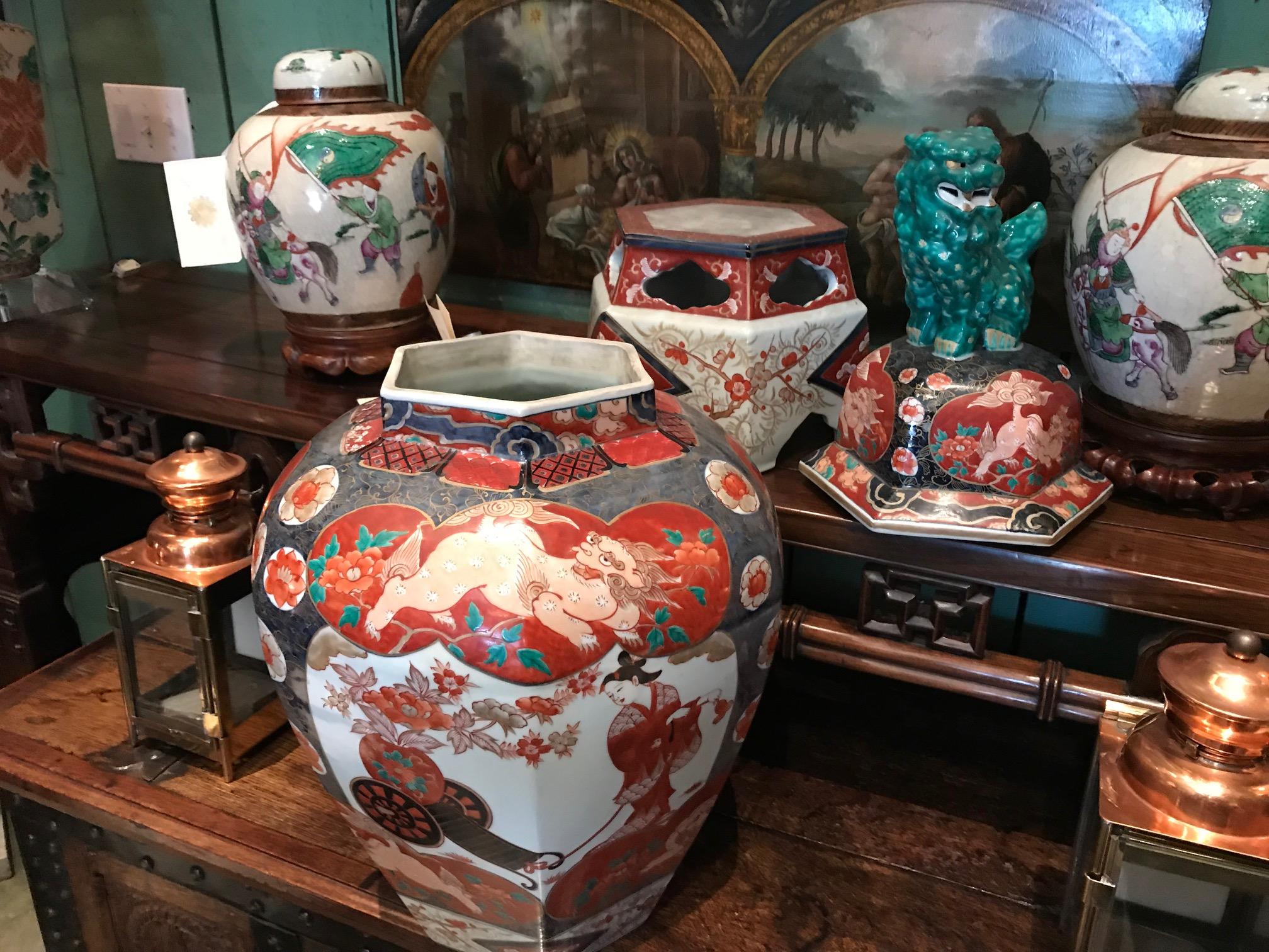 Large 19th C. Imari Temple Jar. center piece Cover vase on a Stand Antiques LA For Sale 3