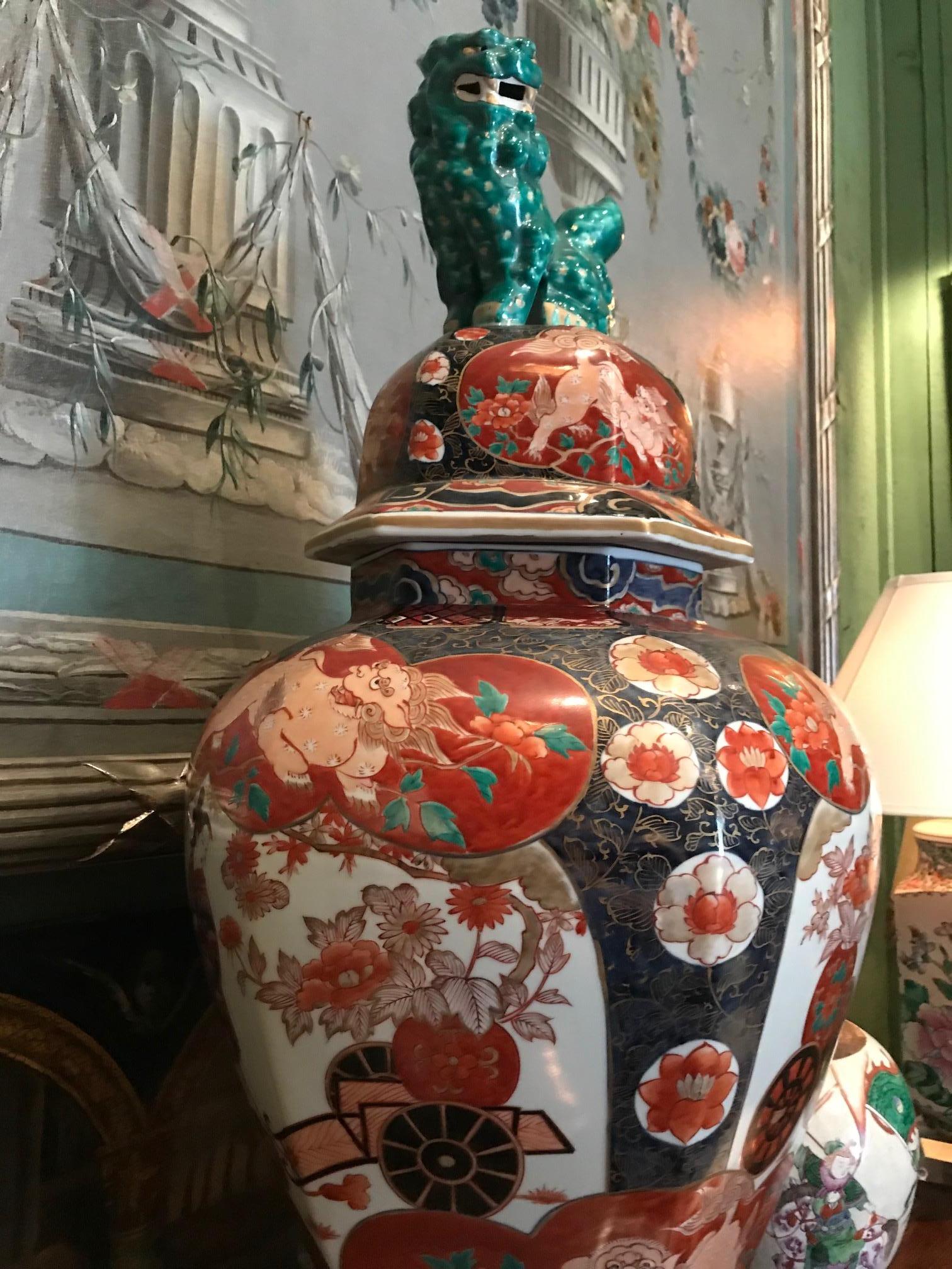 Large 19th C. Imari Temple Jar. center piece Cover vase on a Stand Antiques LA For Sale 2