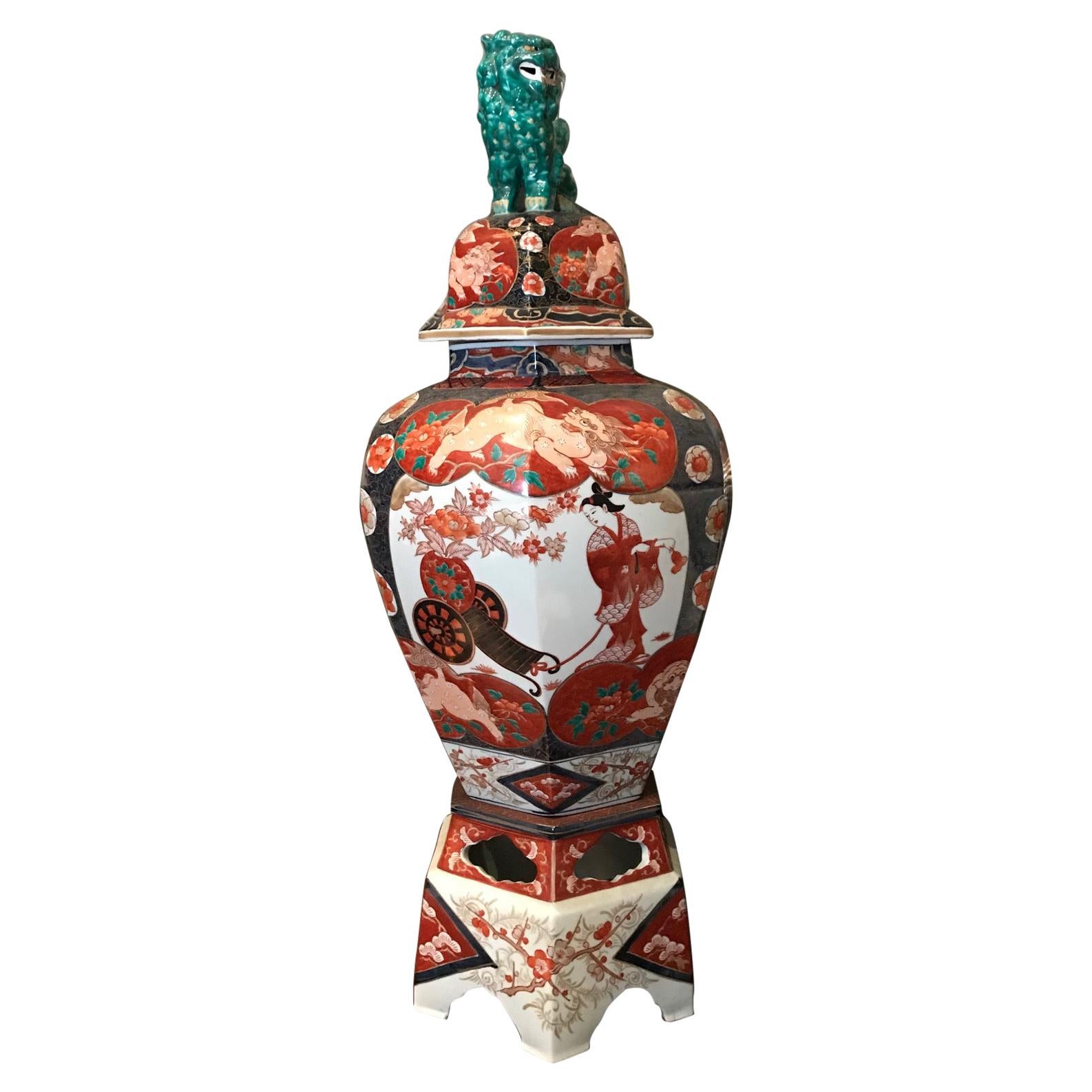 Large 19th C. Imari Temple Jar. center piece Cover vase on a Stand Antiques LA For Sale
