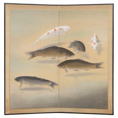 Large Japanese 2-panel byôbu 屏風 (room divider) with a painting of koi fishes