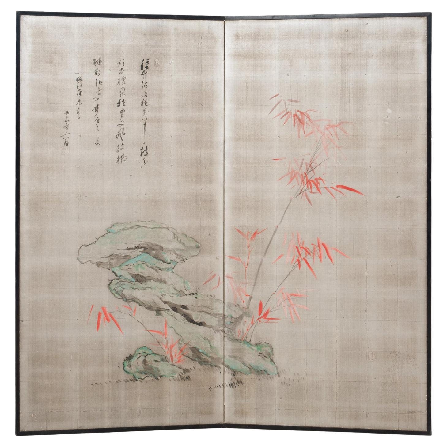 Großer japanischer 2-Paneel Byôbu 屏風 'Raumteiler' mit Bambusmalerei und einem Gedicht