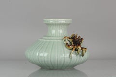 Large Chinese 20th-21st Century Monochrome Celadon Porcelain Vase Crab Fishnet