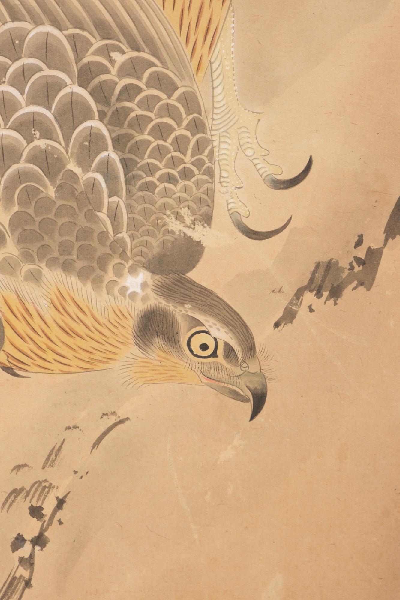 Large Japanese 6-panel byôbu 屏風 (folding screen) of perched taka 鷹 (hawks) For Sale 6