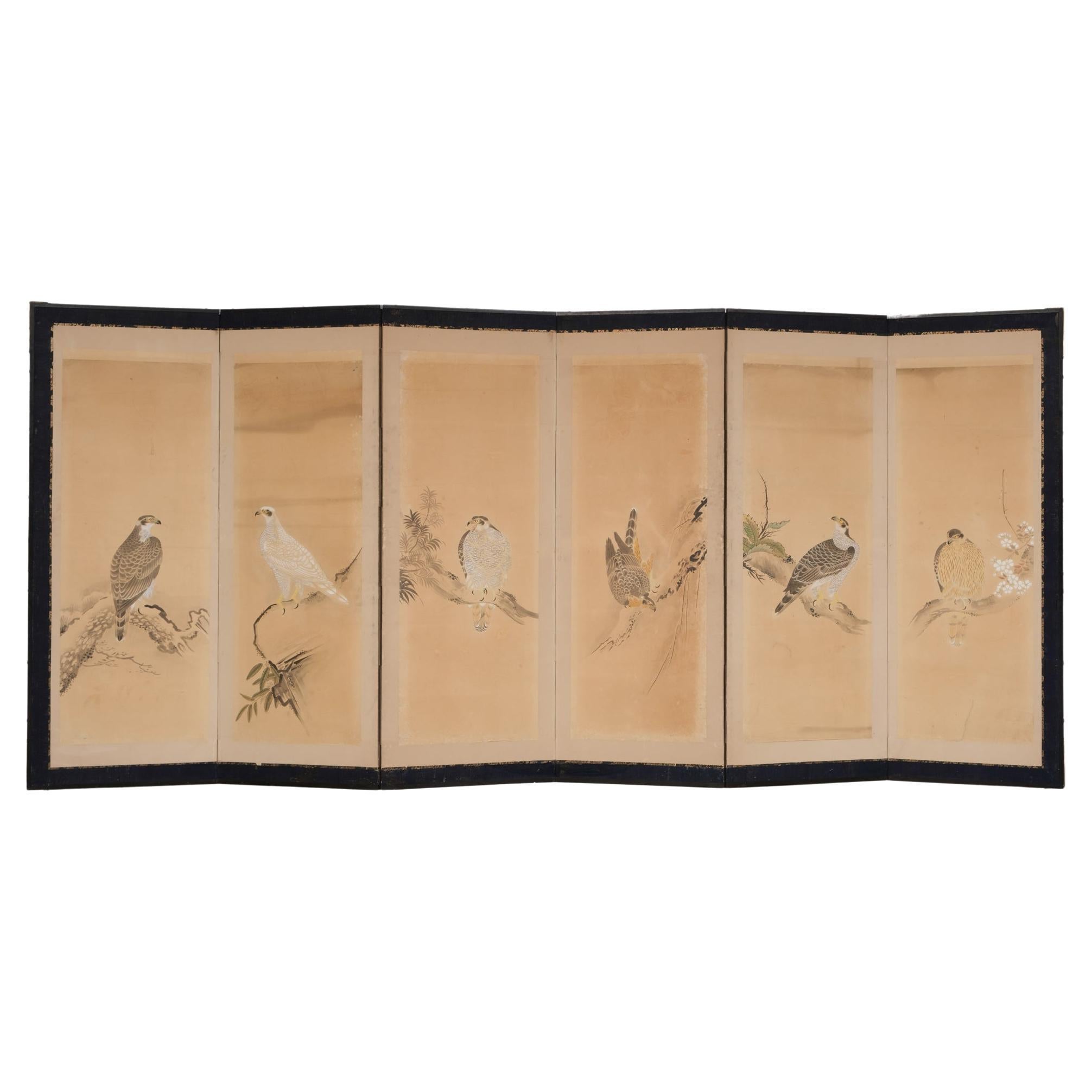 Large Japanese 6-panel byôbu 屏風 (folding screen) of perched taka 鷹 (hawks) For Sale