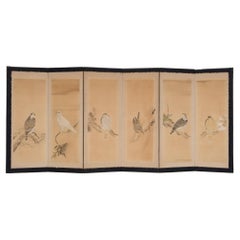 Grand byôbu 屏風 (paravent) japonais à 6 panneaux représentant des taka 鷹 (faucons) perchés.