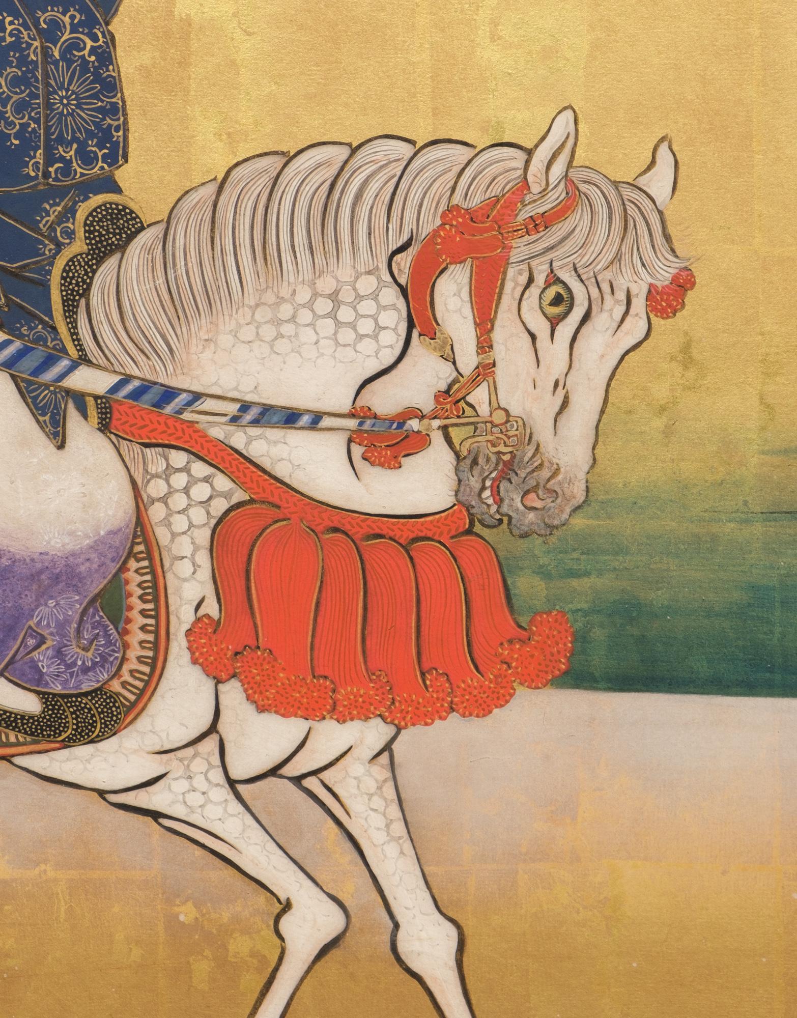 Large Japanese 6-panel byôbu 屏風 (folding screen) of Prince Genji riding a horse 5