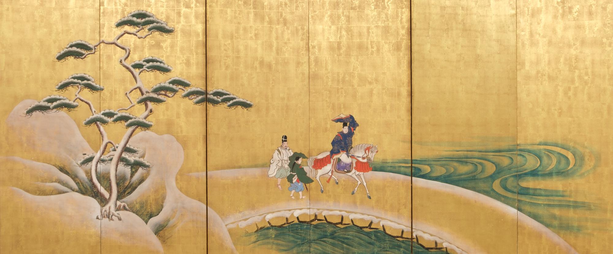 An exquisite large six-panel byôbu (folding screen) with a refined 'Tosa School'-style painting on gold leaf of a scene from chapter 13: ‘The Lady at Akashi’ (Akashi) from ‘The Tale of Genji’ (Genji Monogatari).

Prince Genji is riding a bright