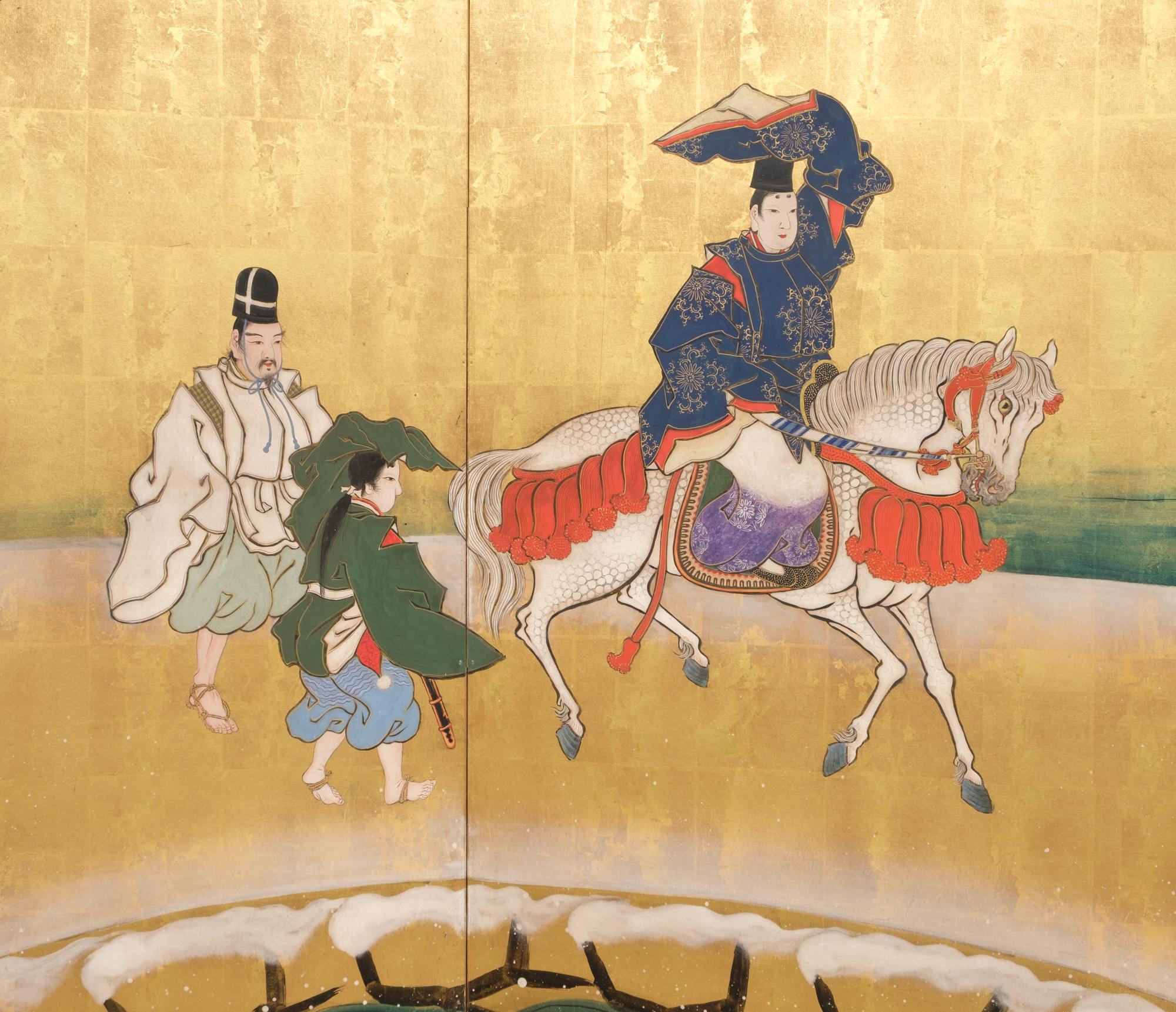 Hand-Painted Large Japanese 6-panel byôbu 屏風 (folding screen) of Prince Genji riding a horse