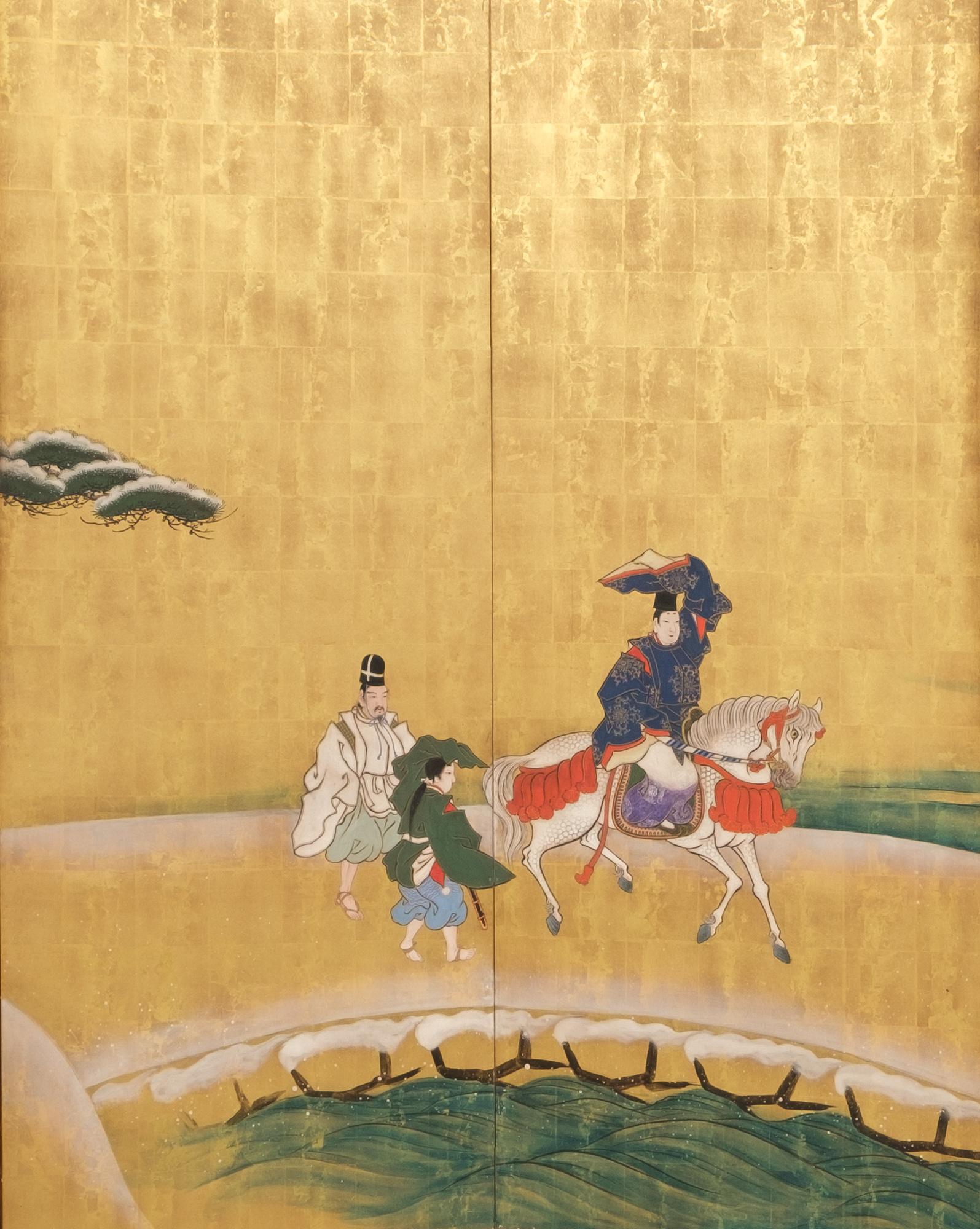 18th Century Large Japanese 6-panel byôbu 屏風 (folding screen) of Prince Genji riding a horse