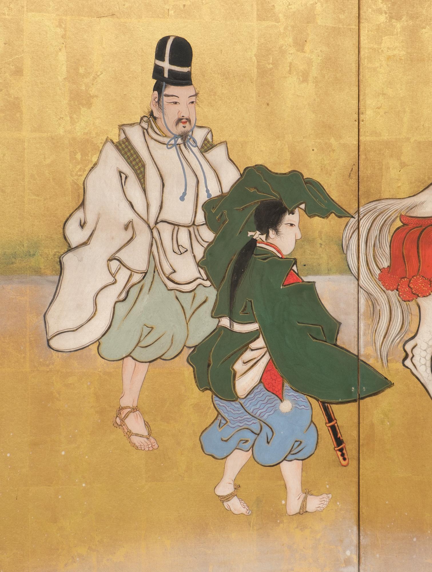Silk Large Japanese 6-panel byôbu 屏風 (folding screen) of Prince Genji riding a horse