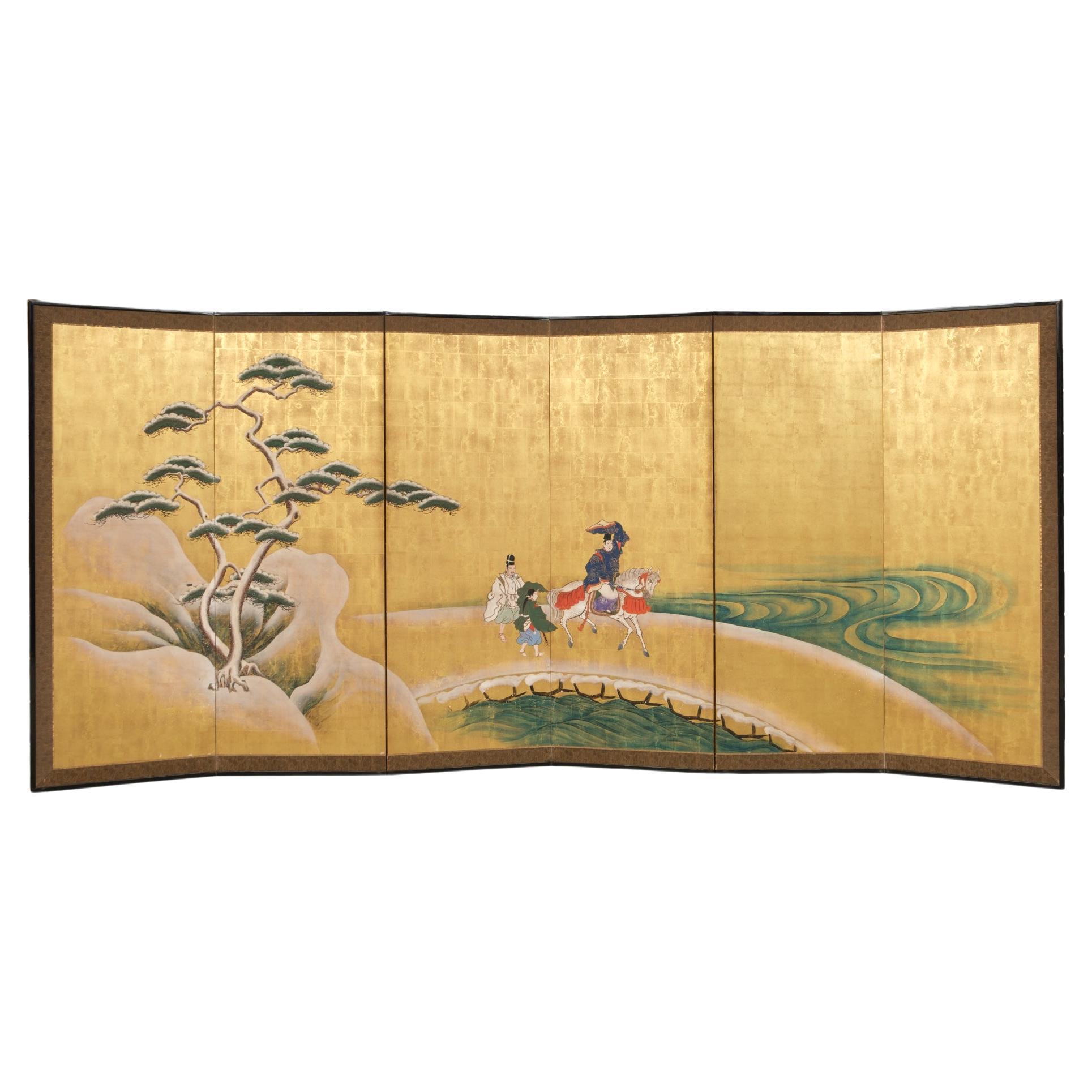 Large Japanese 6-panel byôbu 屏風 (folding screen) of Prince Genji riding a horse