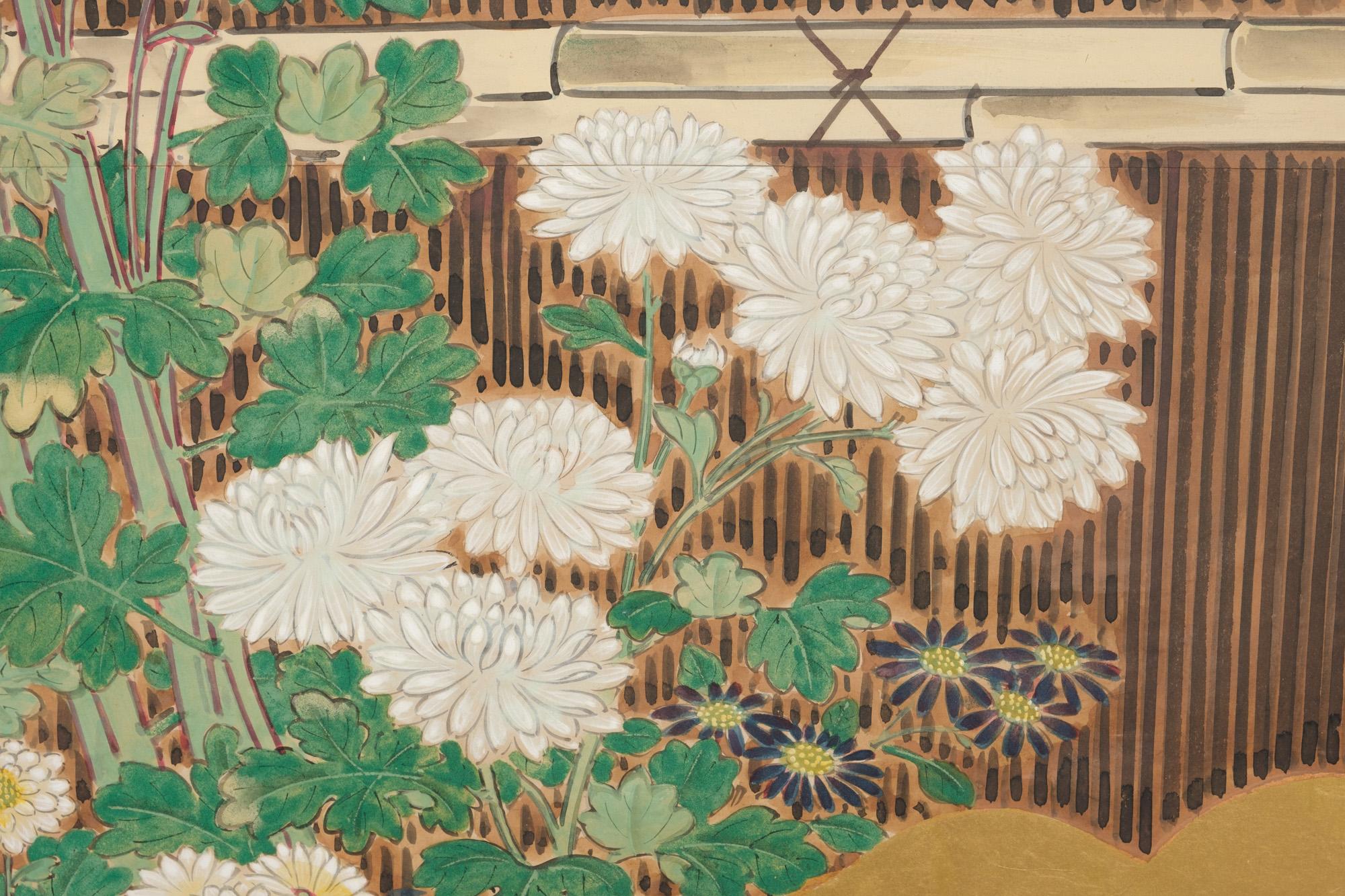 Large Japanese 6-panel byôbu 屏風 (folding screen) with chrysanthemum garden For Sale 4