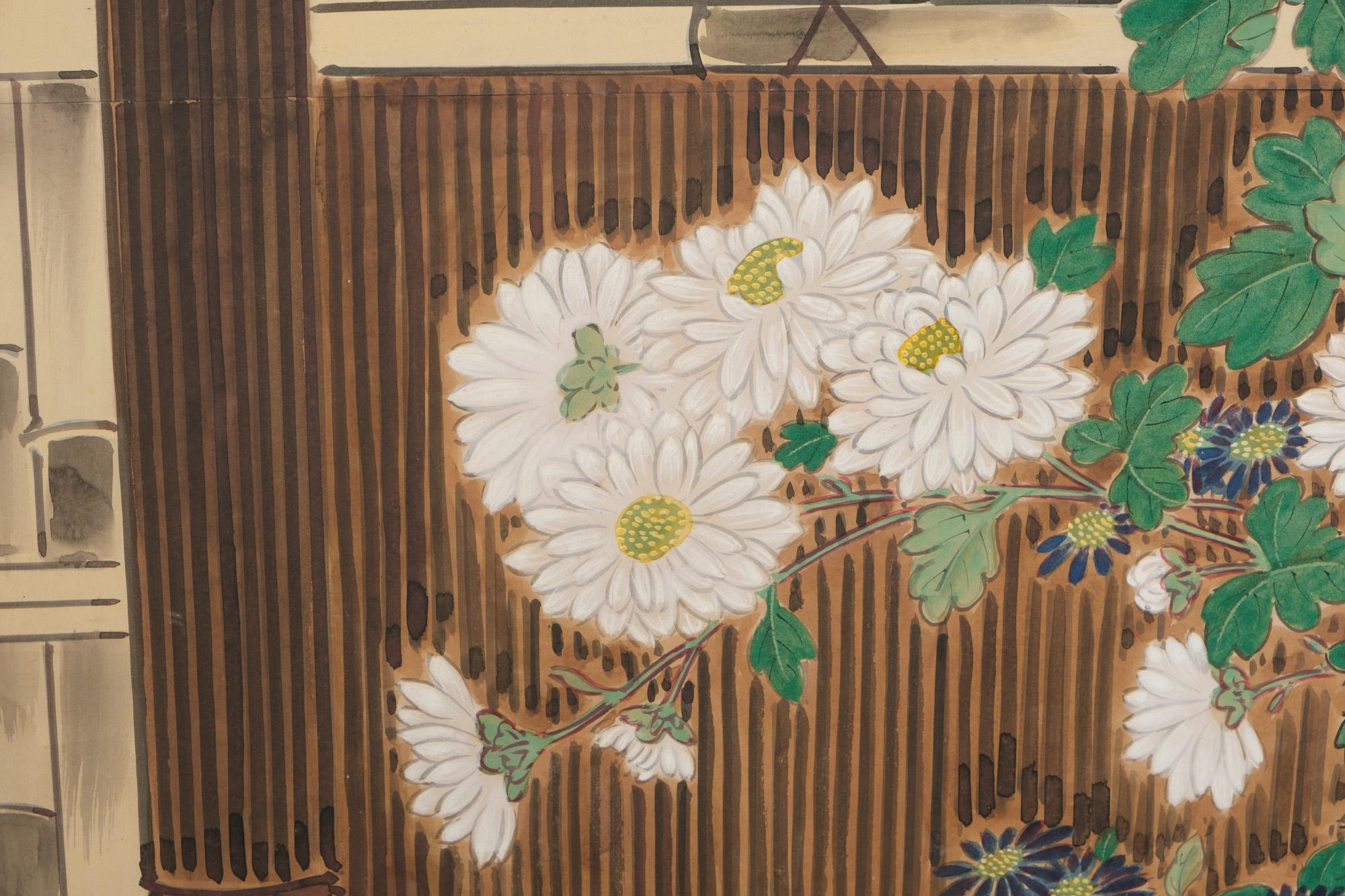 Large Japanese 6-panel byôbu 屏風 (folding screen) with chrysanthemum garden For Sale 5
