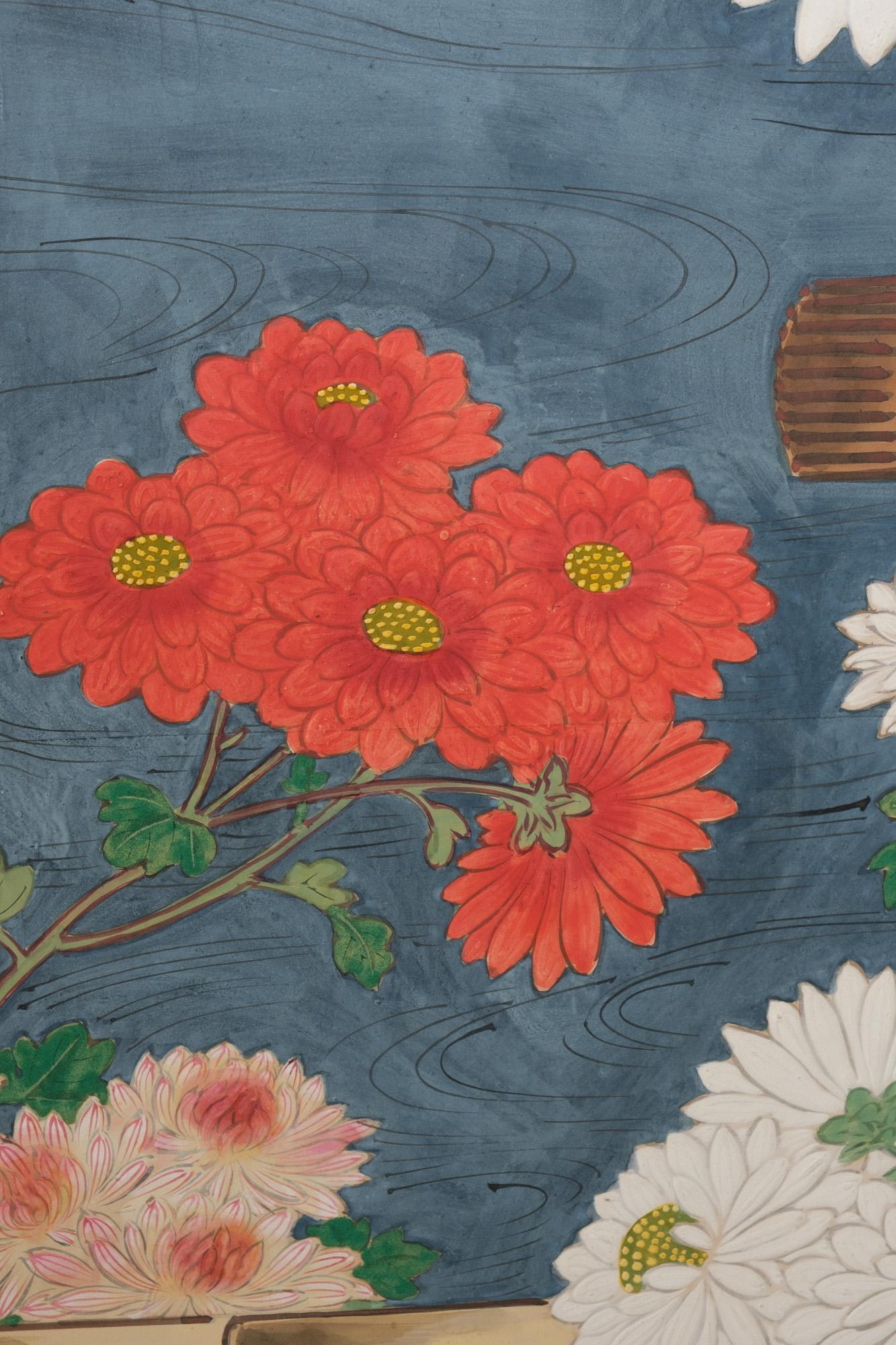 Large Japanese 6-panel byôbu 屏風 (folding screen) with chrysanthemum garden For Sale 6