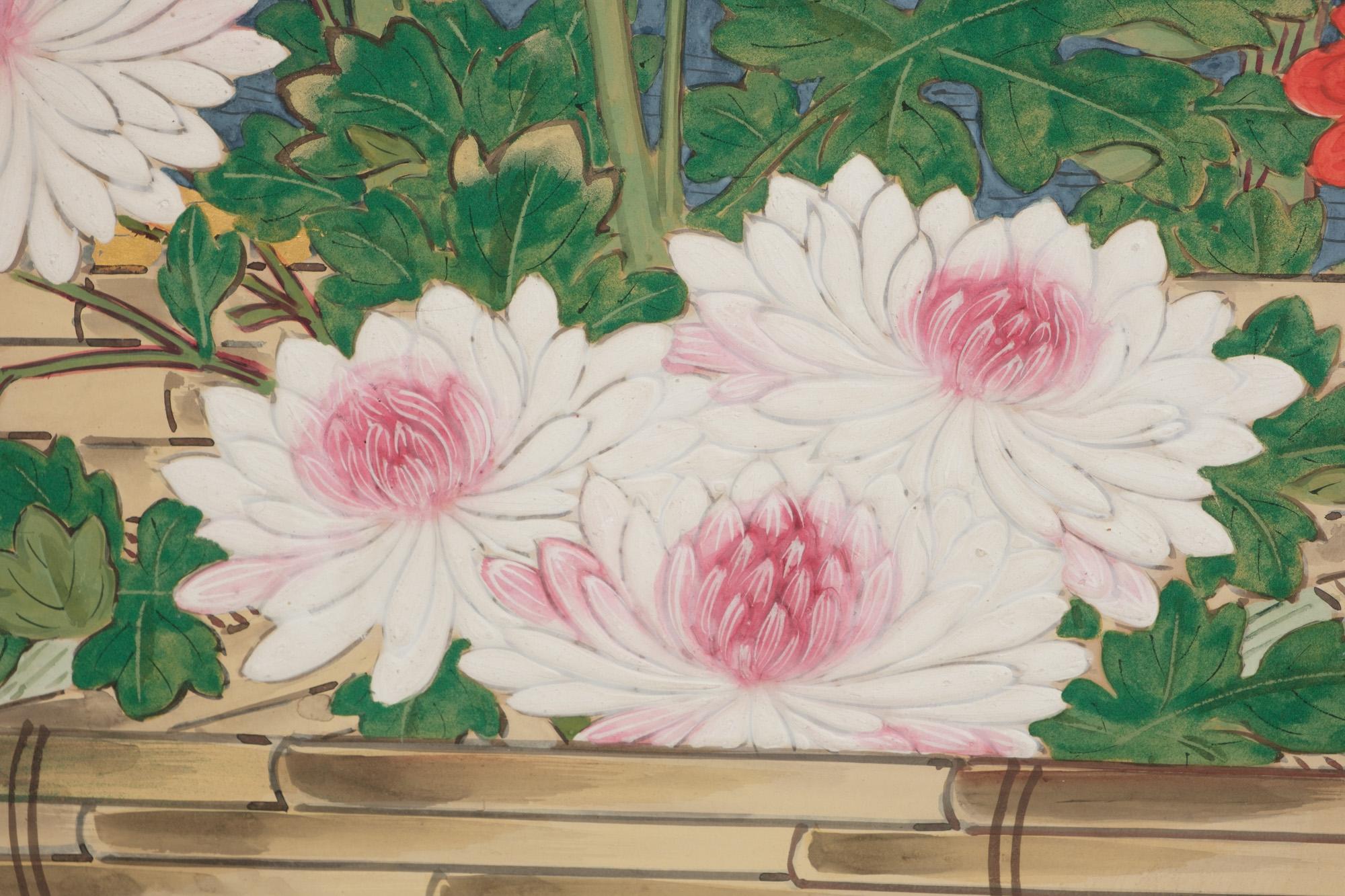 Large Japanese 6-panel byôbu 屏風 (folding screen) with chrysanthemum garden For Sale 8