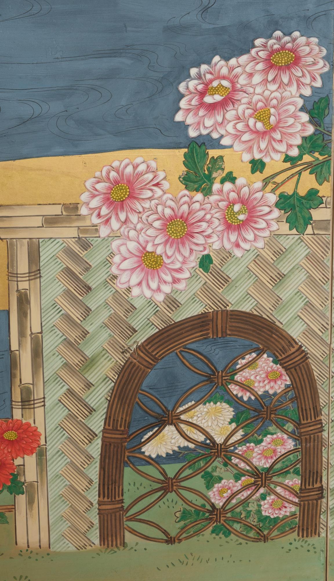 Large Japanese 6-panel byôbu 屏風 (folding screen) with chrysanthemum garden For Sale 9