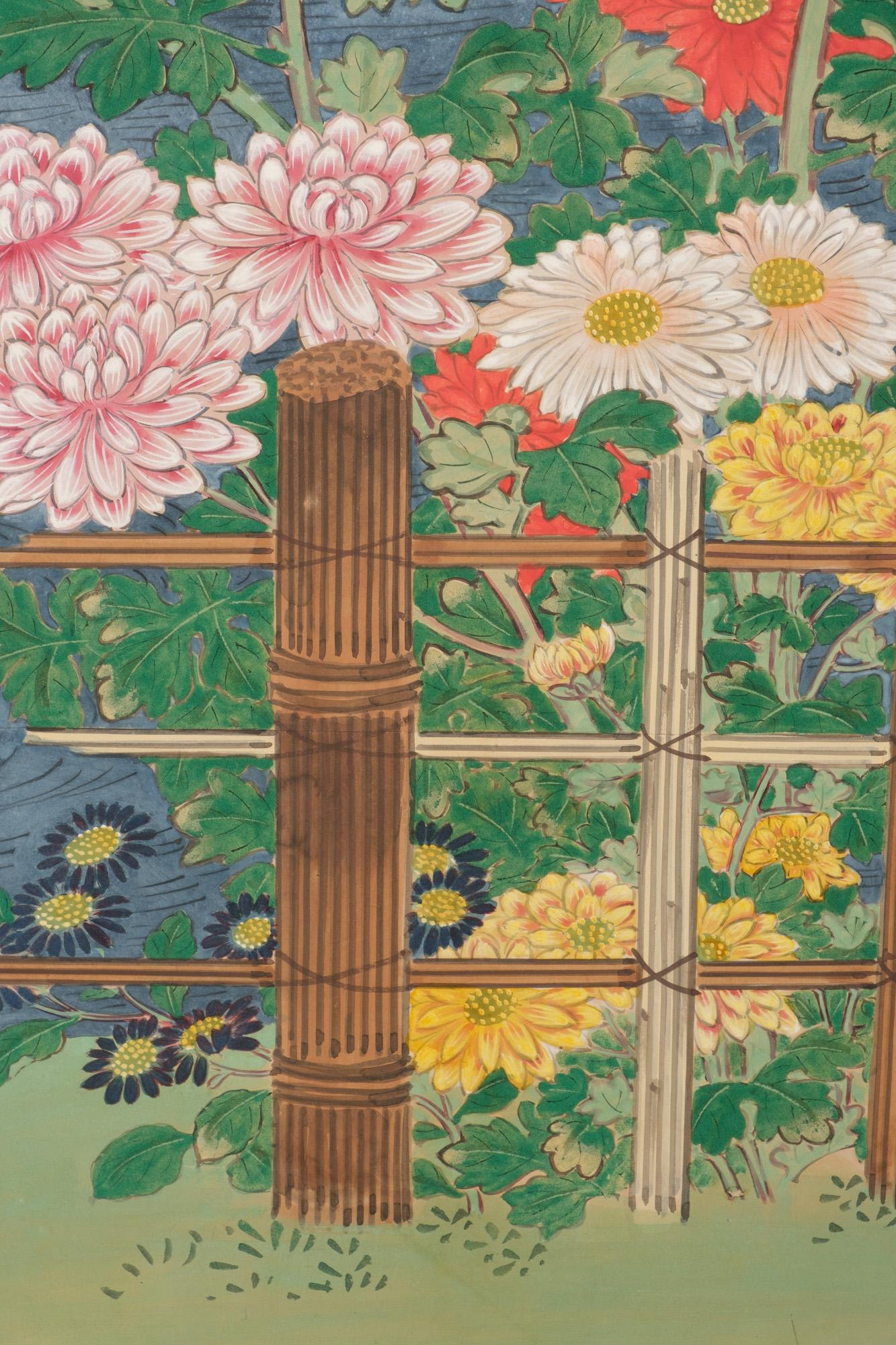 Large Japanese 6-panel byôbu 屏風 (folding screen) with chrysanthemum garden For Sale 11