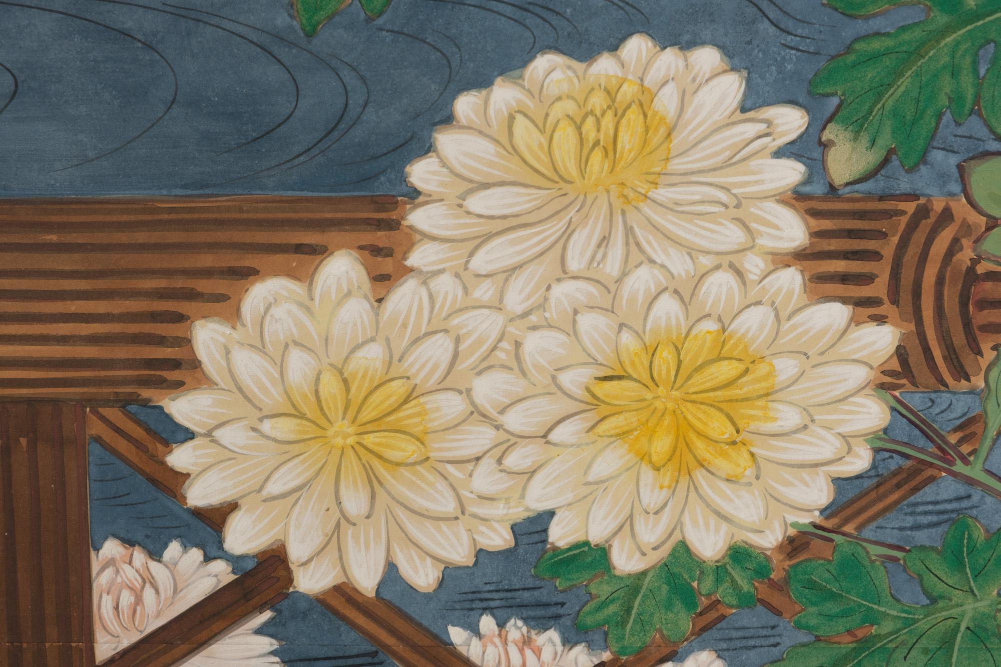 Large Japanese 6-panel byôbu 屏風 (folding screen) with chrysanthemum garden For Sale 2
