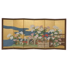 Used Large Japanese 6-panel byôbu 屏風 (folding screen) with chrysanthemum garden