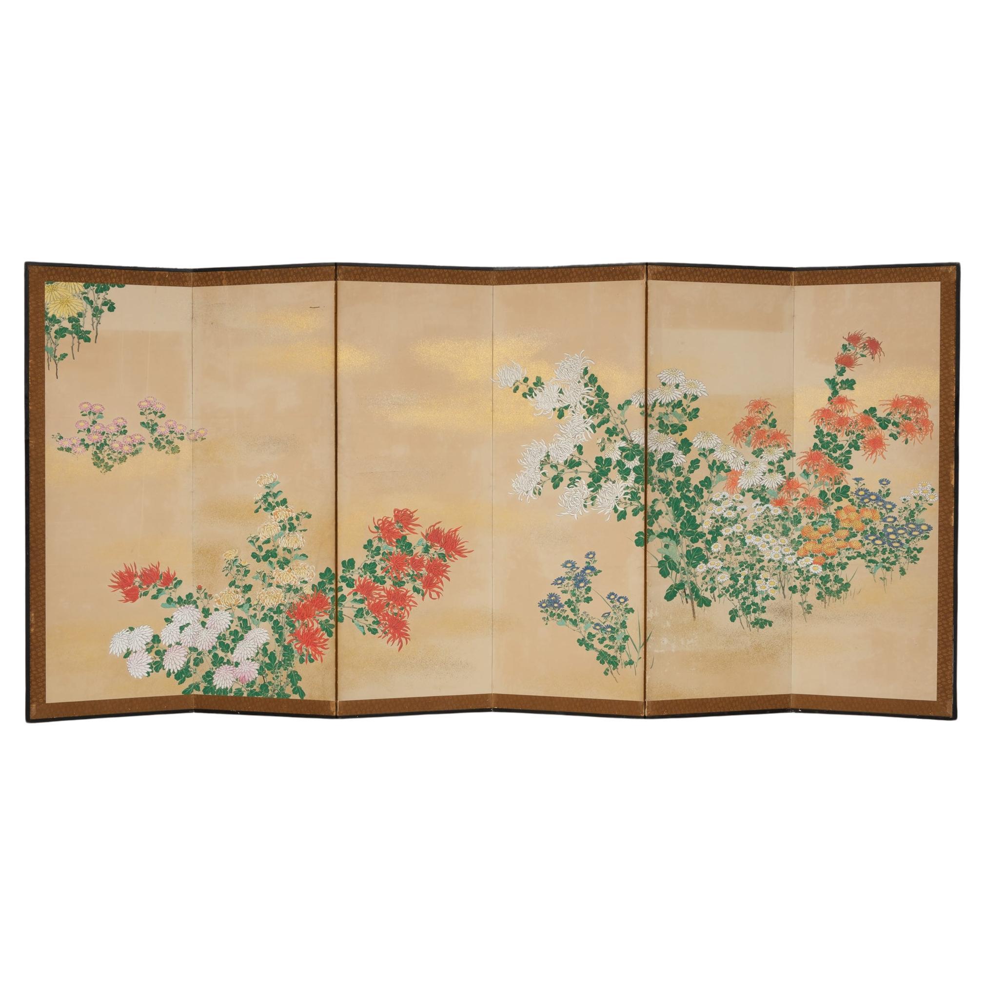 Large Japanese 6-panel byôbu 屏風 (folding screen) with chrysanthemums