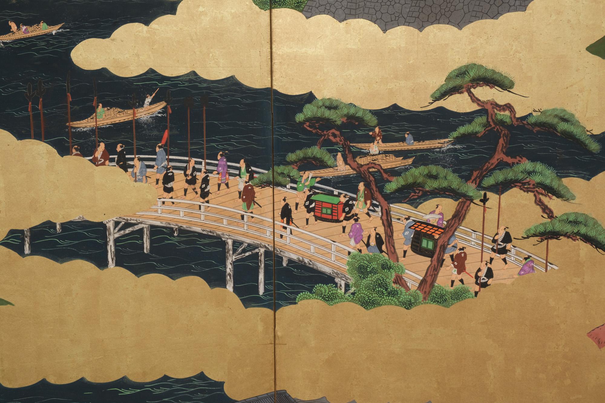 Large Japanese 6-panel byôbu 屏風 (folding screen) with Edo genre painting For Sale 4