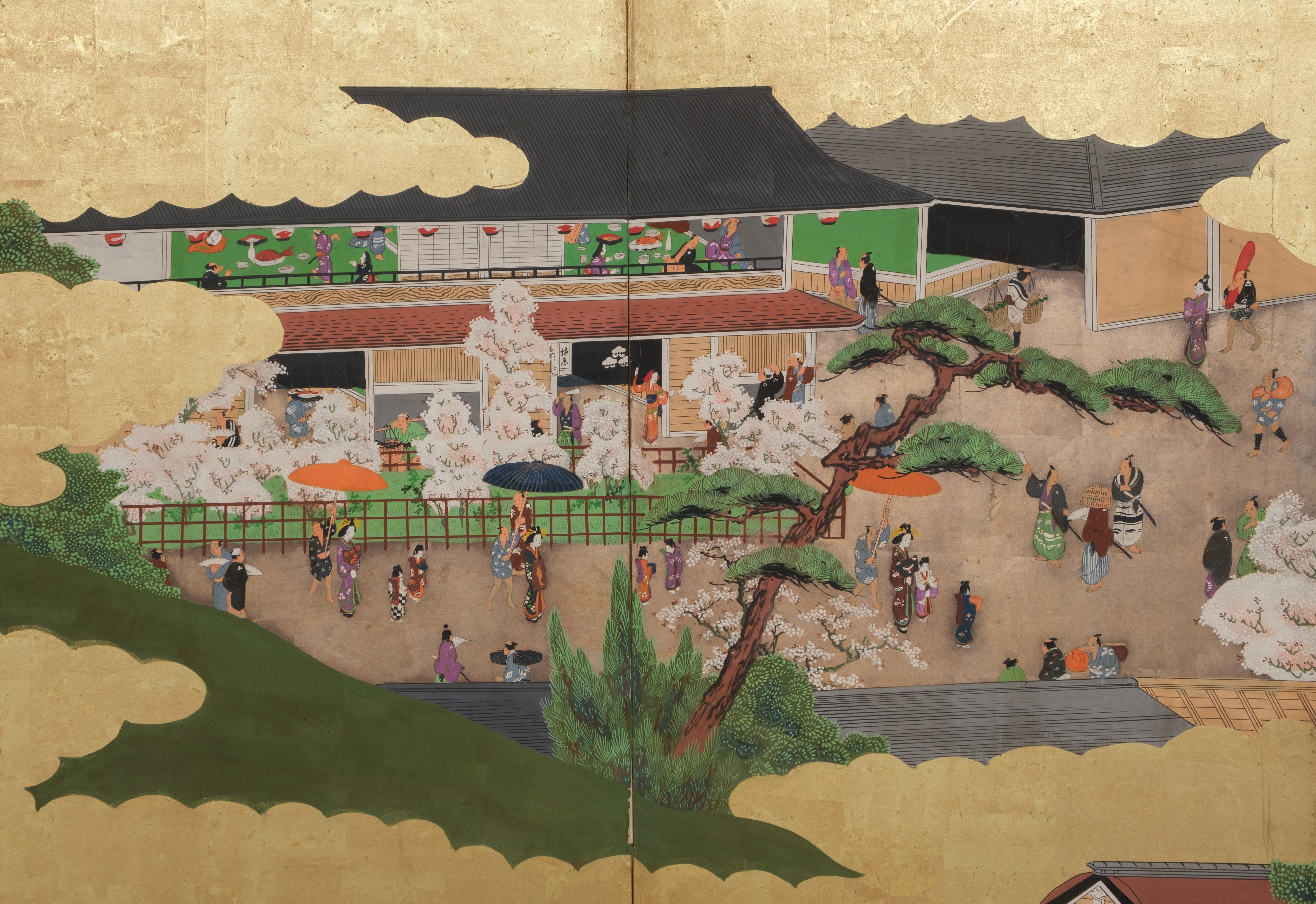 Large Japanese 6-panel byôbu 屏風 (folding screen) with Edo genre painting For Sale 4
