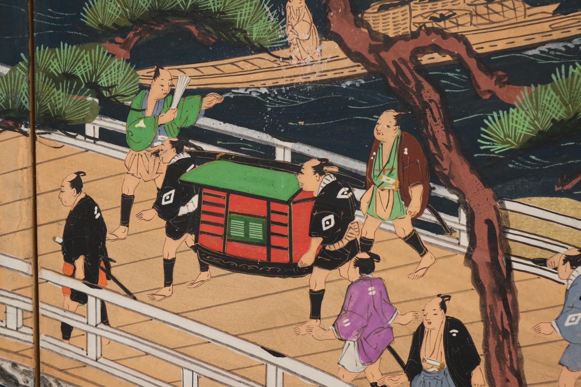 Large Japanese 6-panel byôbu 屏風 (folding screen) with Edo genre painting 5