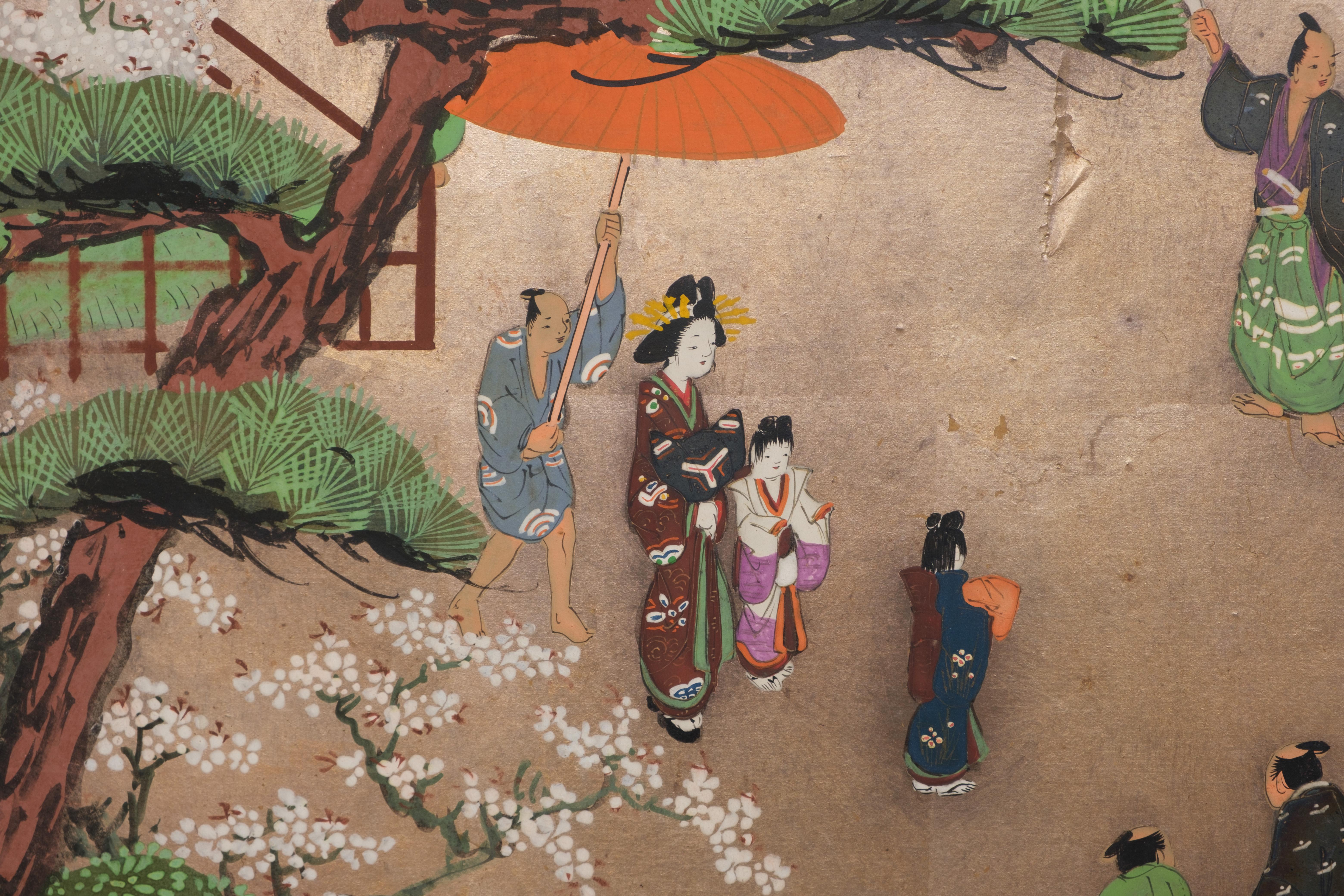 Large Japanese 6-panel byôbu 屏風 (folding screen) with Edo genre painting For Sale 5