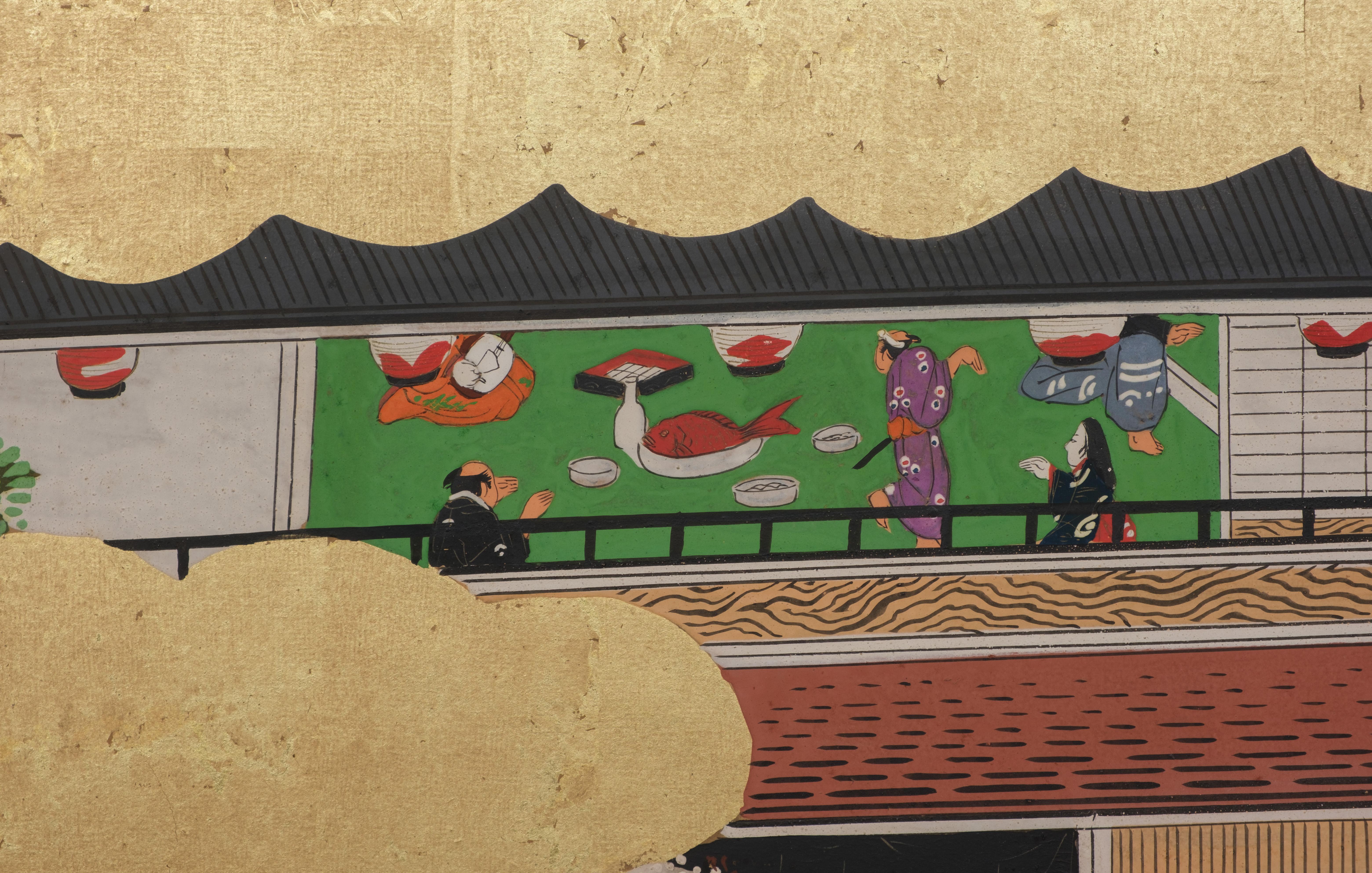 Large Japanese 6-panel byôbu 屏風 (folding screen) with Edo genre painting For Sale 6