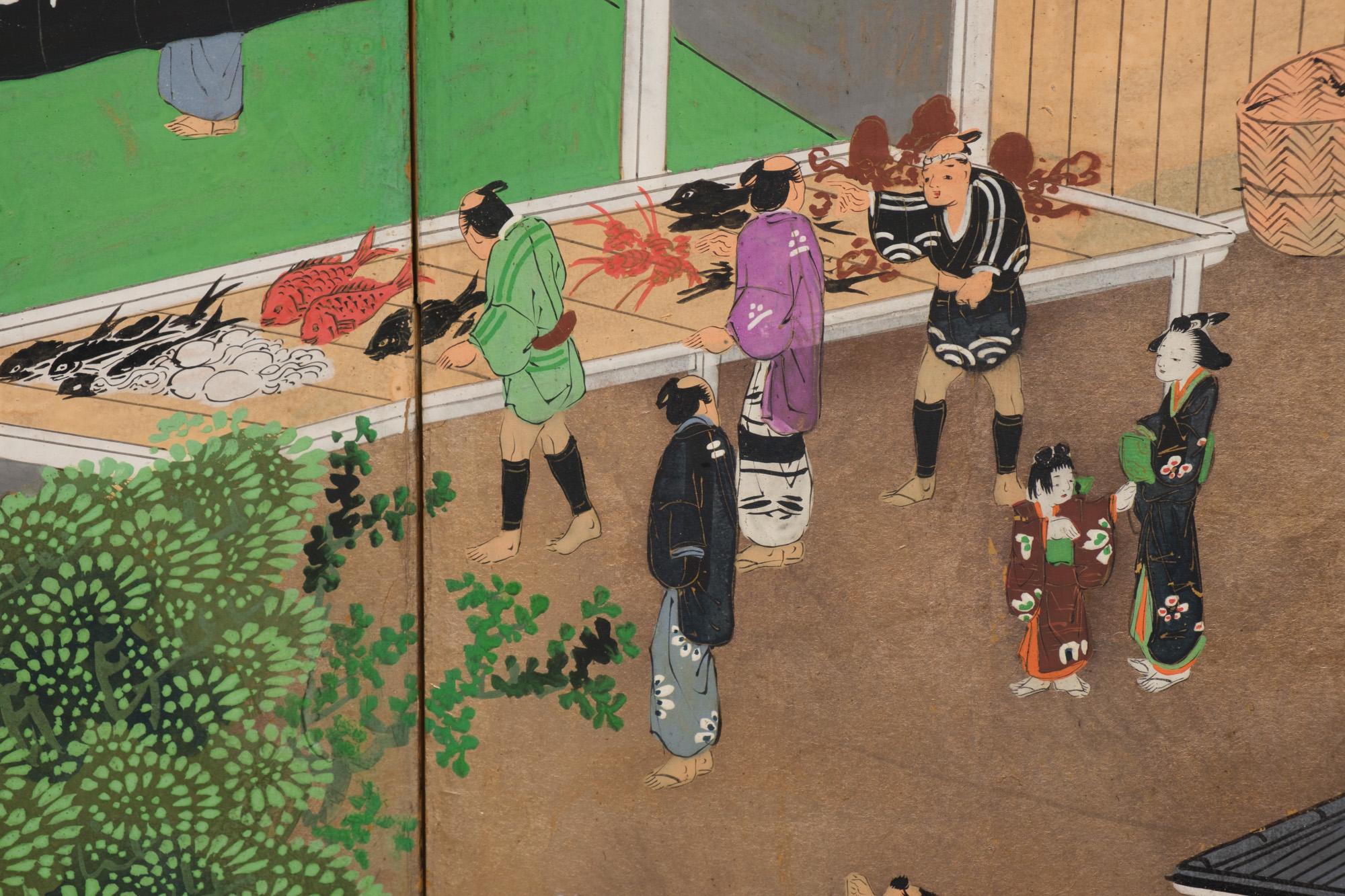Large Japanese 6-panel byôbu 屏風 (folding screen) with Edo genre painting 7
