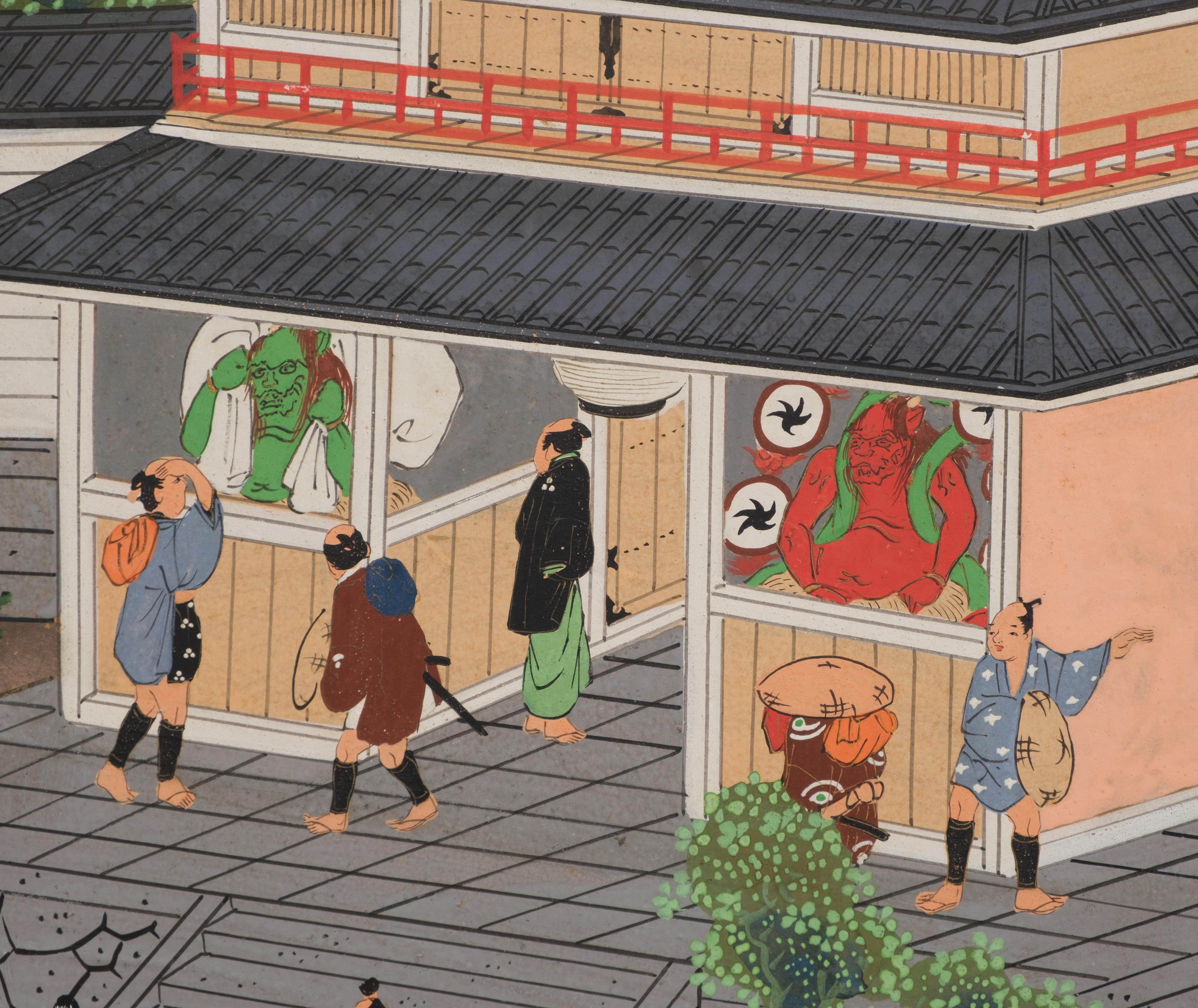 Large Japanese 6-panel byôbu 屏風 (folding screen) with Edo genre painting For Sale 7
