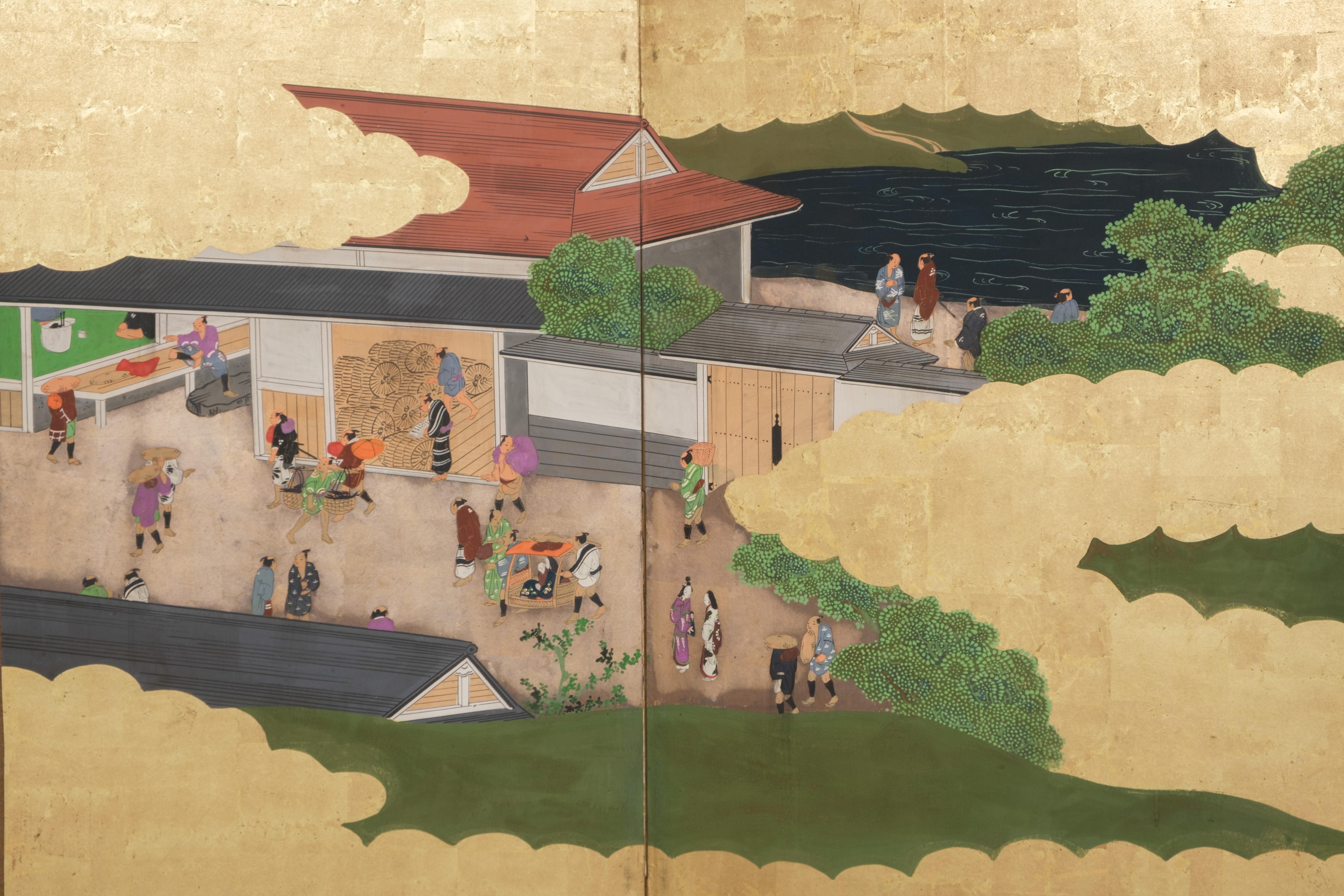 Large Japanese 6-panel byôbu 屏風 (folding screen) with Edo genre painting For Sale 8