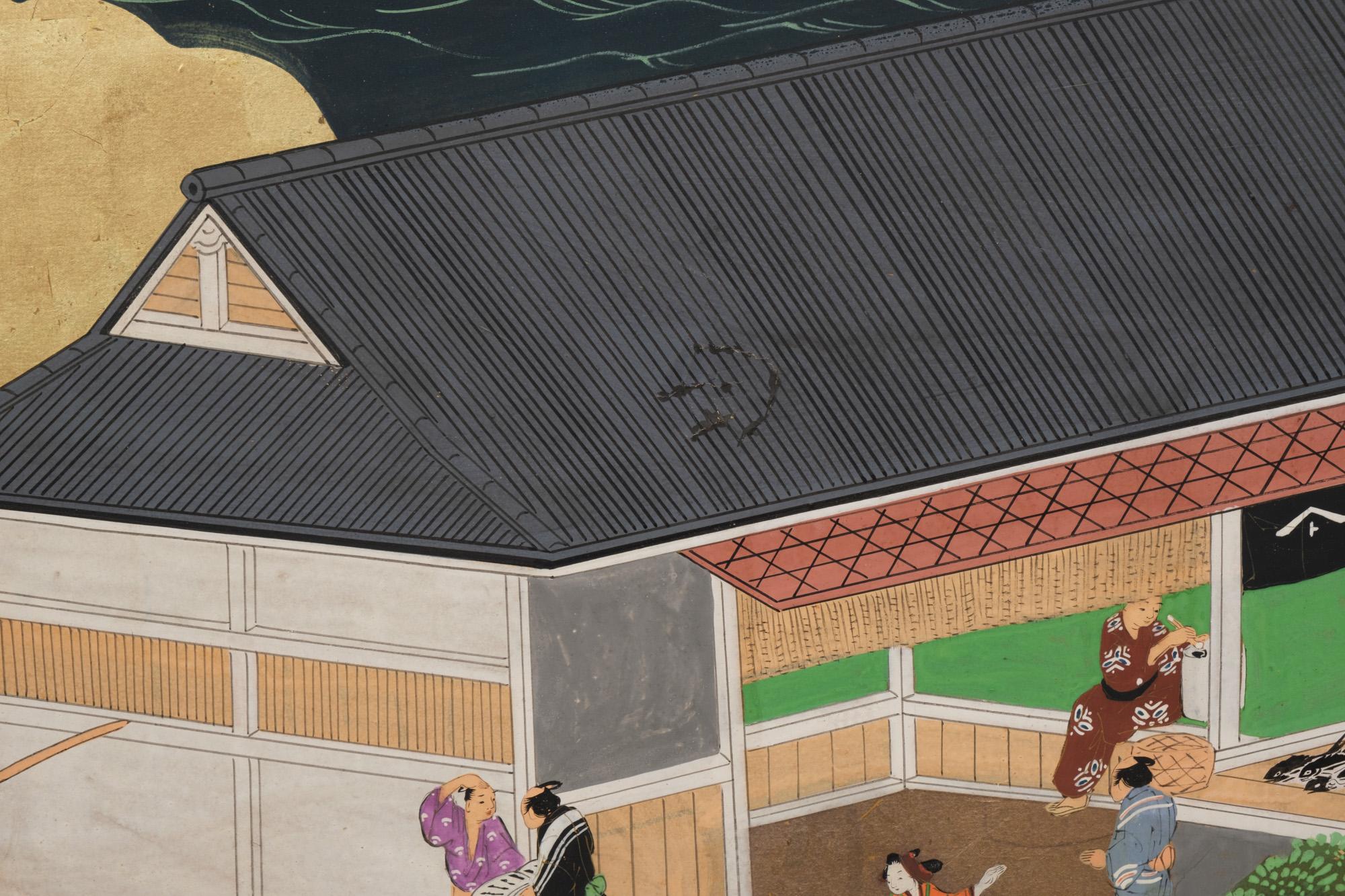 Large Japanese 6-panel byôbu 屏風 (folding screen) with Edo genre painting 9